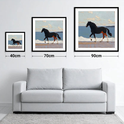 Seaside Stride - size guide showing 40cm, 70cm and 90cm art prints
