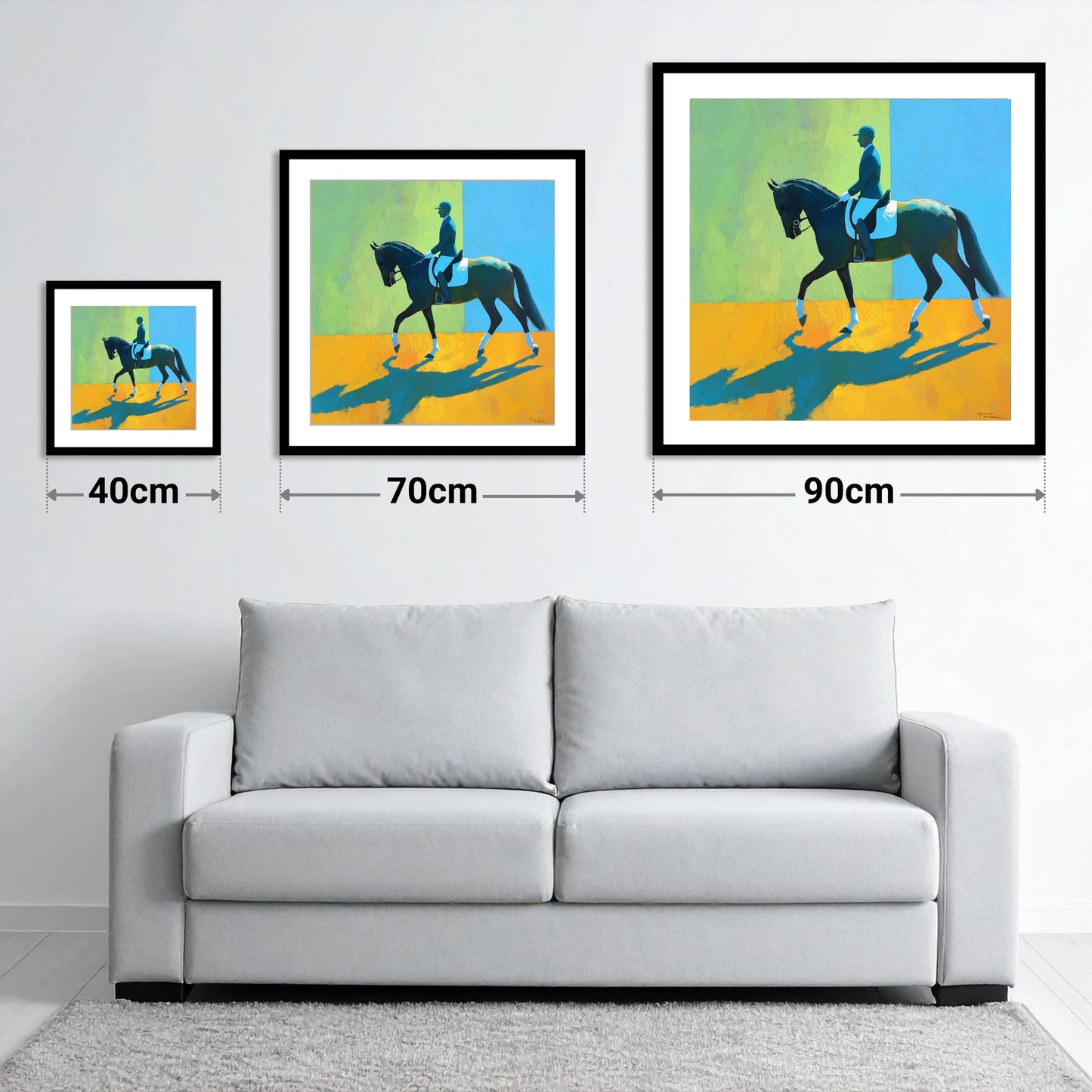 Precision in Sunlight - size guide showing 40cm, 70cm and 90cm art prints