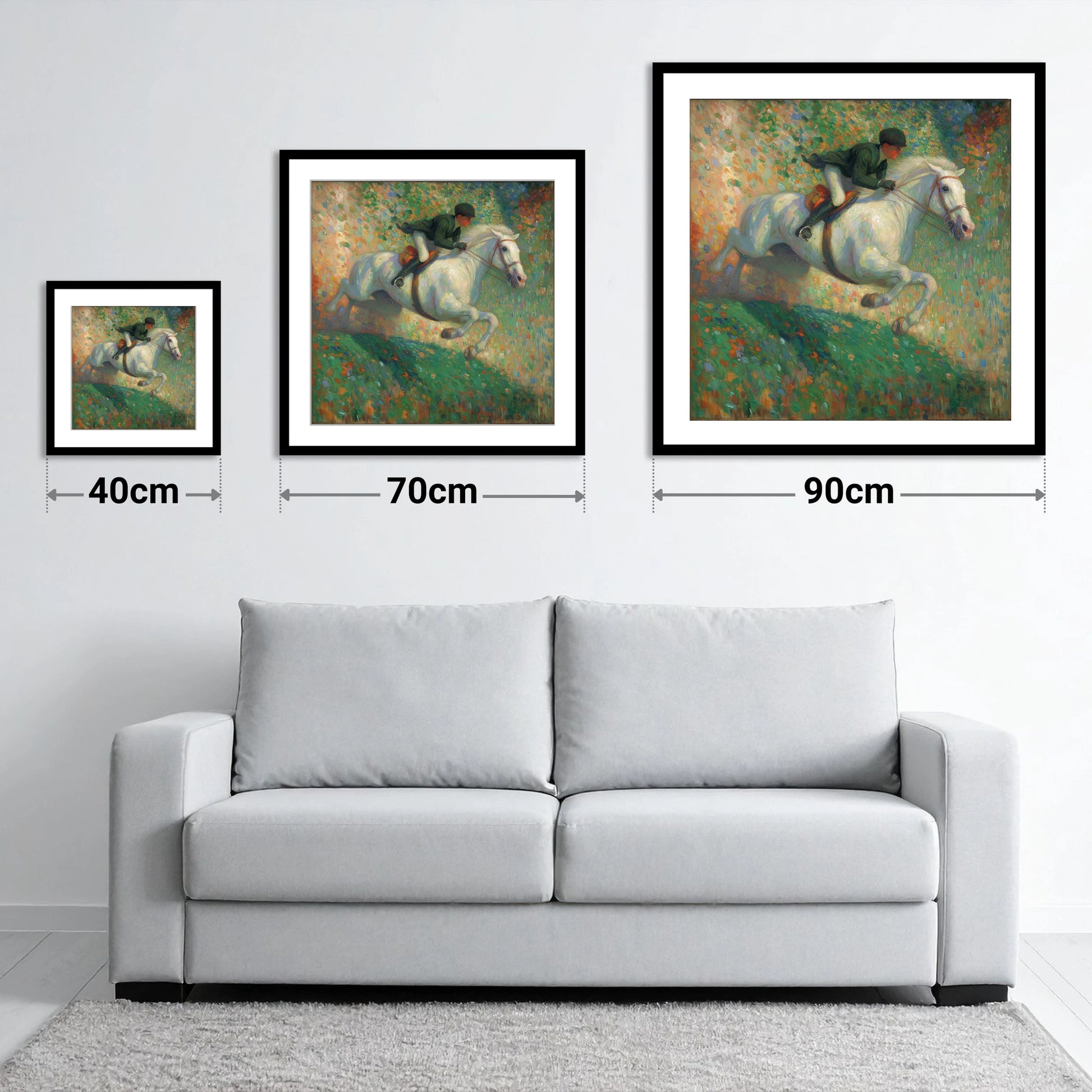 The Painted Leap - size guide showing 40cm, 70cm and 90cm art prints