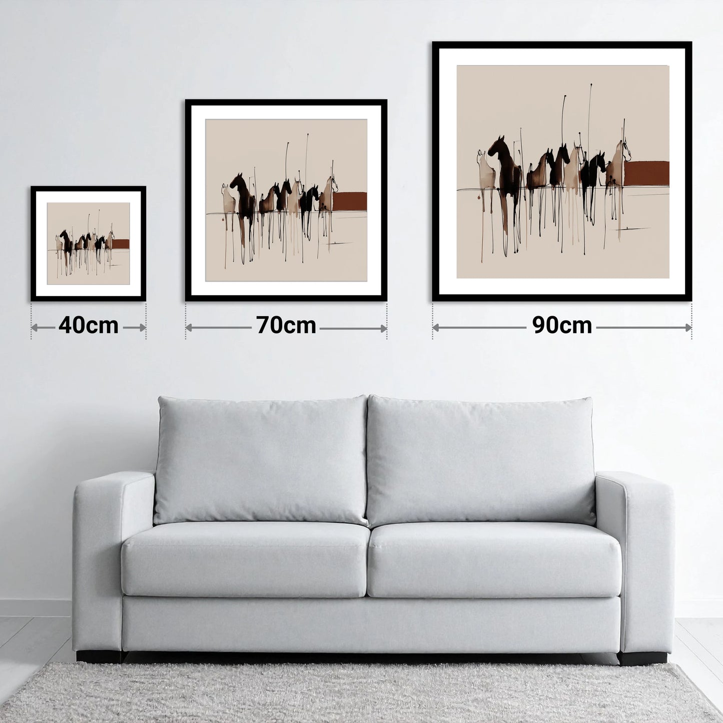 Shadows of the Herd - size guide showing 40cm, 70cm and 90cm art prints