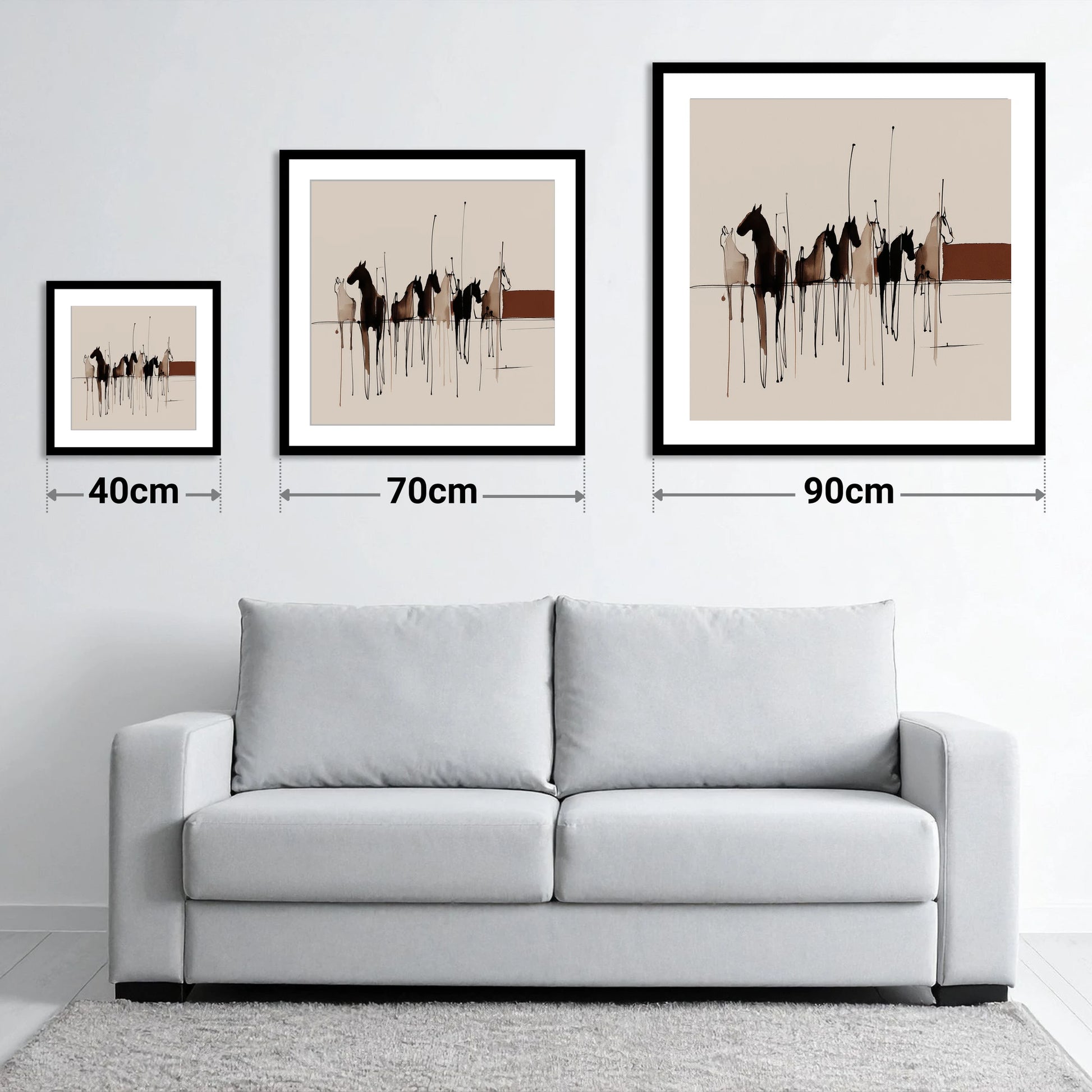 Shadows of the Herd - size guide showing 40cm, 70cm and 90cm art prints