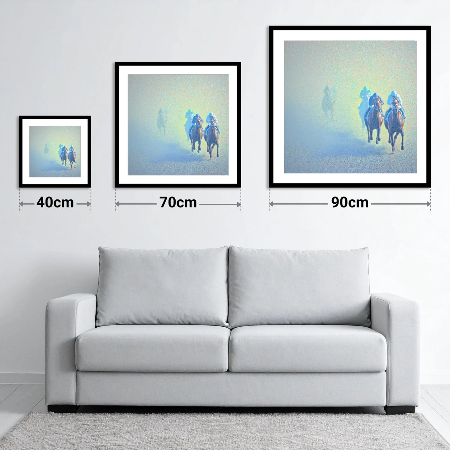 Luminous Morning Chase - size guide showing 40cm, 70cm and 90cm art prints
