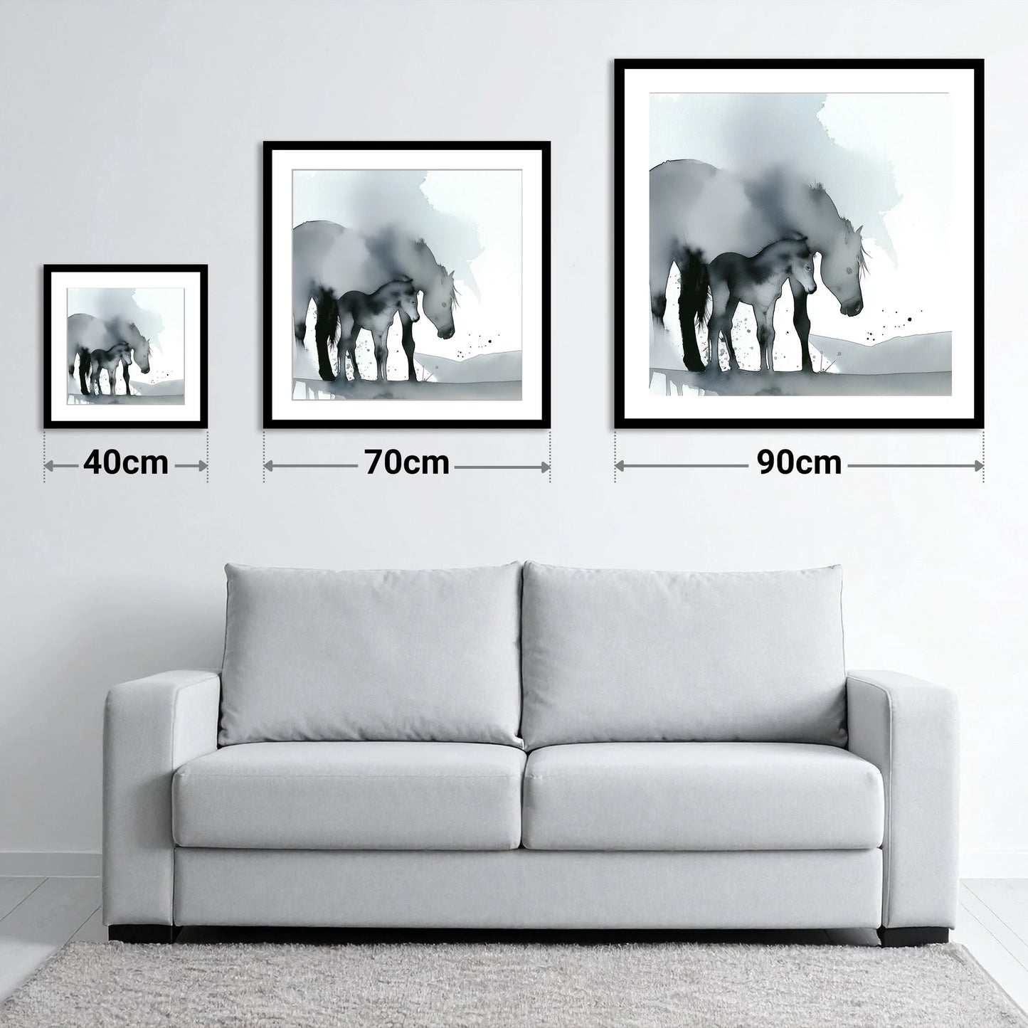 Gentle Shadows - size guide showing 40cm, 70cm and 90cm art prints