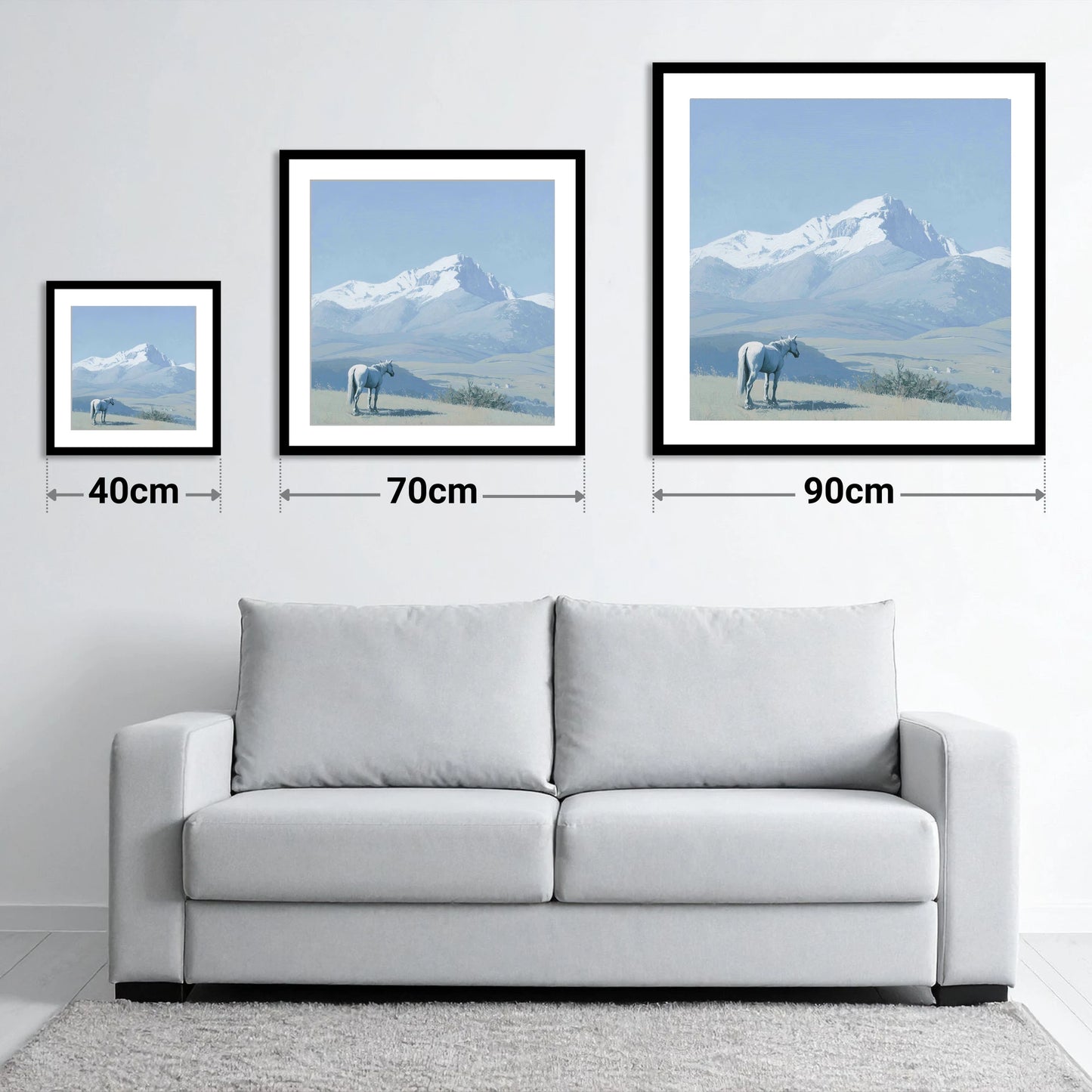 Alpine Solitude - size guide showing 40cm, 70cm and 90cm art prints
