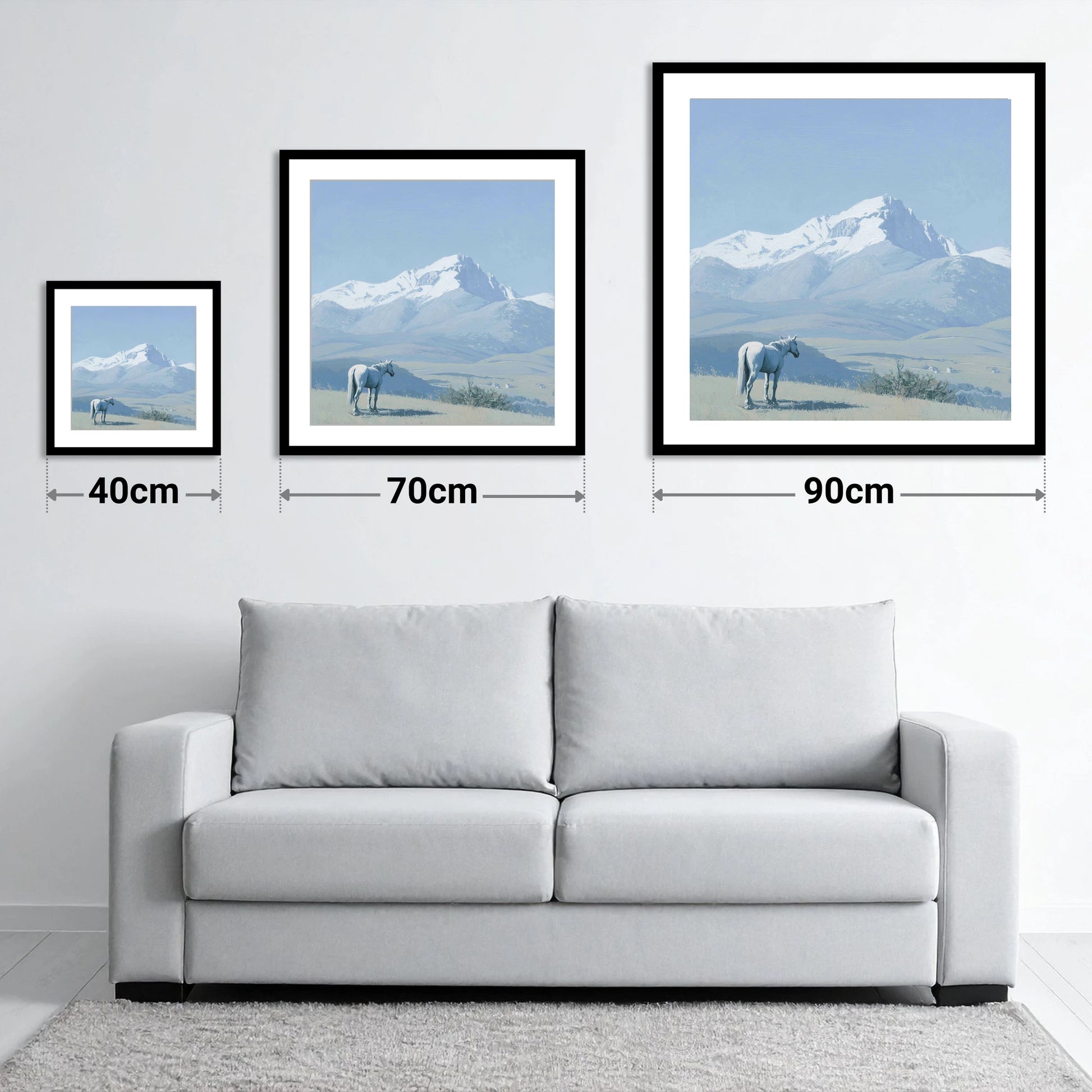 Alpine Solitude - size guide showing 40cm, 70cm and 90cm art prints