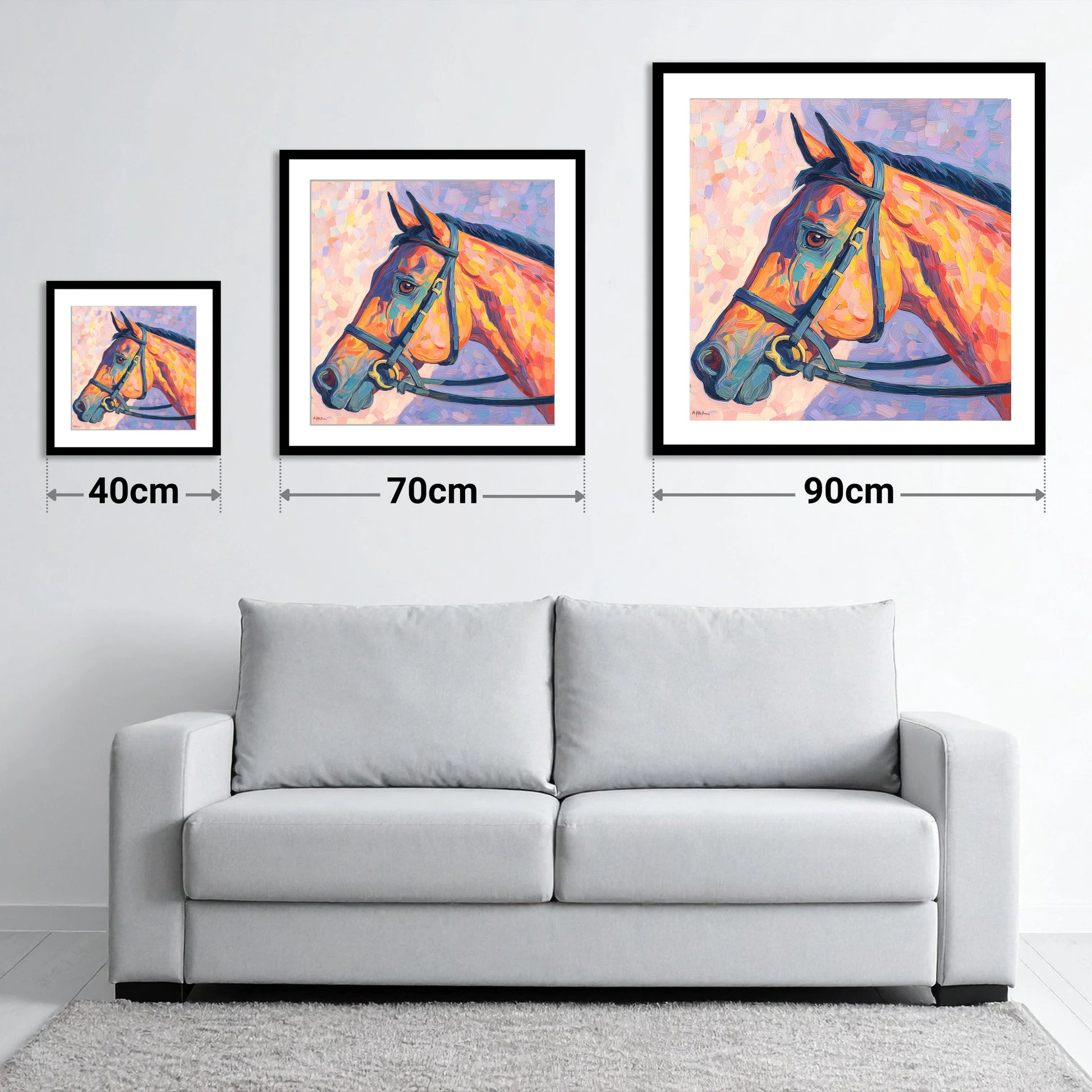Vivid Equine Gaze - size guide showing 40cm, 70cm and 90cm art prints