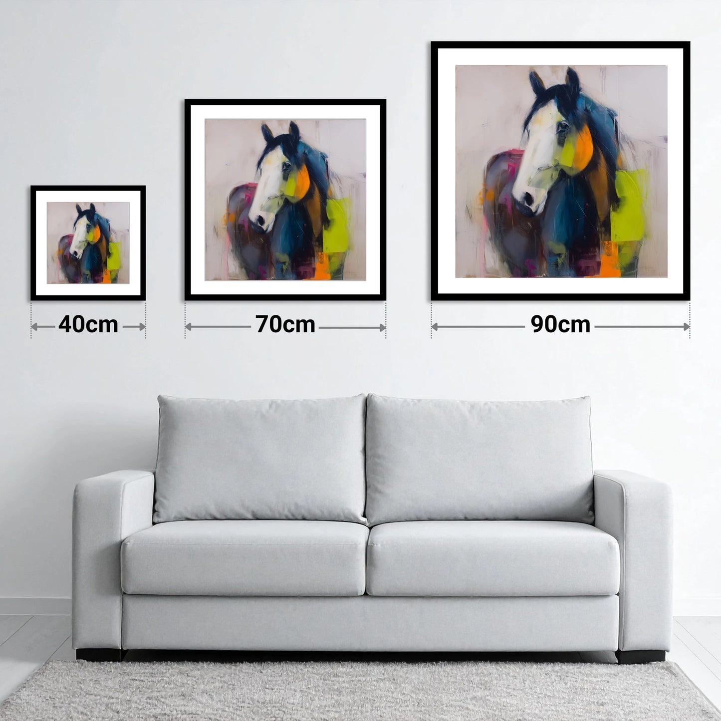 Vivid Equine Expression - size guide showing 40cm, 70cm and 90cm art prints