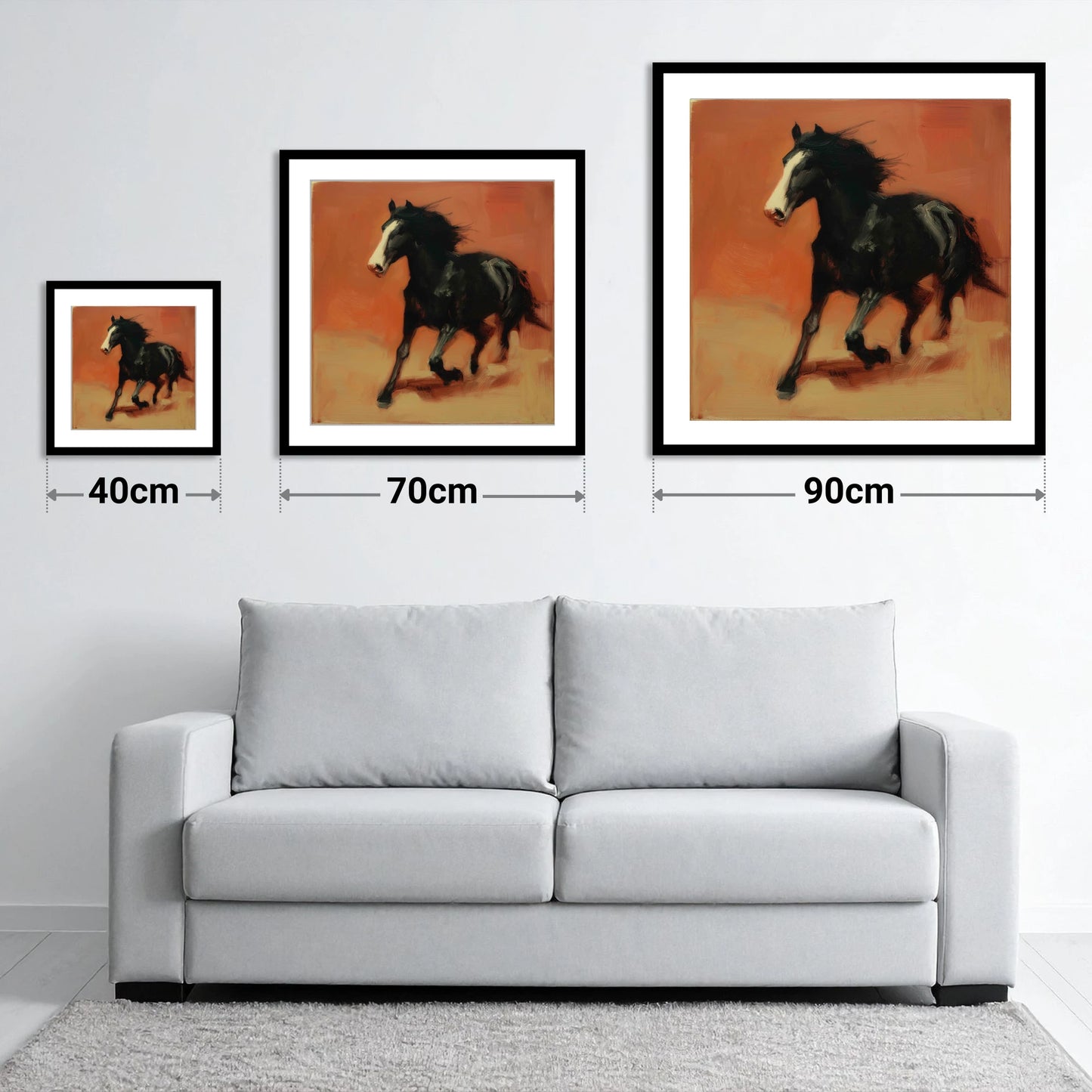 Terracotta Spirit - size guide showing 40cm, 70cm and 90cm art prints