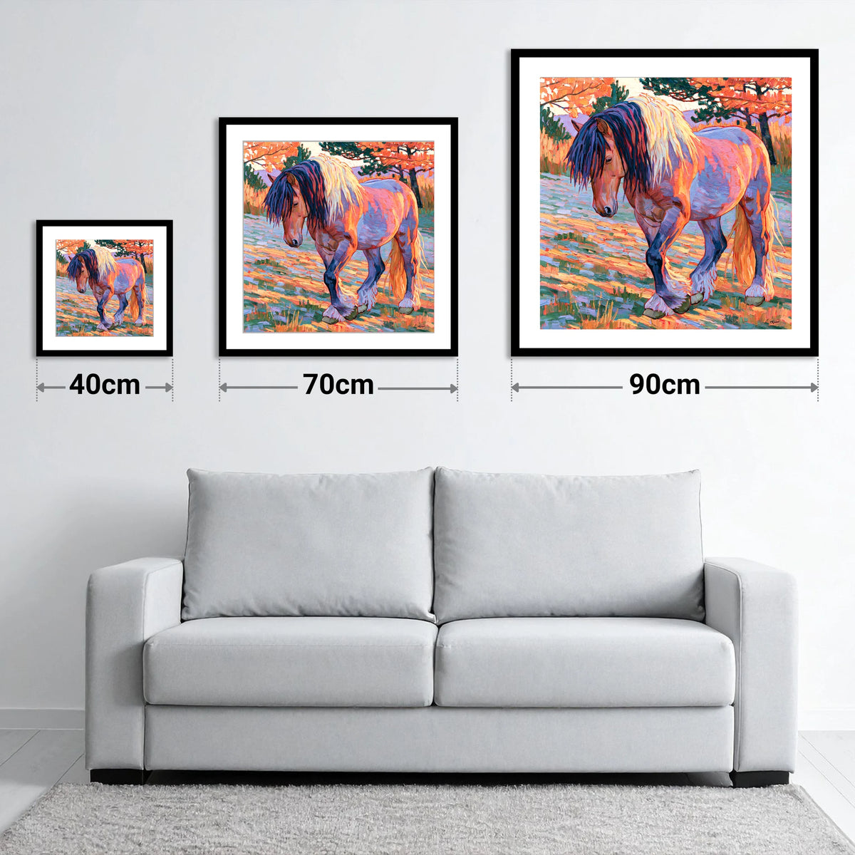 Vibrant Feathered Heavy Horse - size guide showing 40cm, 70cm and 90cm art prints