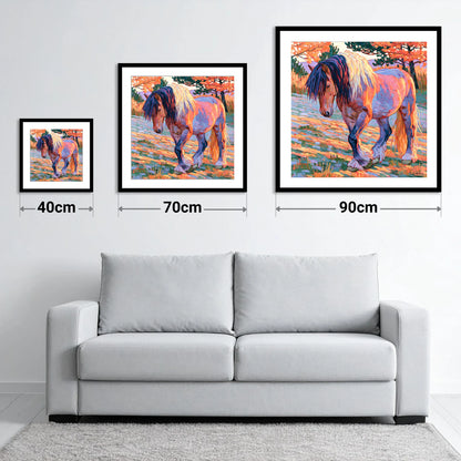 Vibrant Feathered Heavy Horse - size guide showing 40cm, 70cm and 90cm art prints