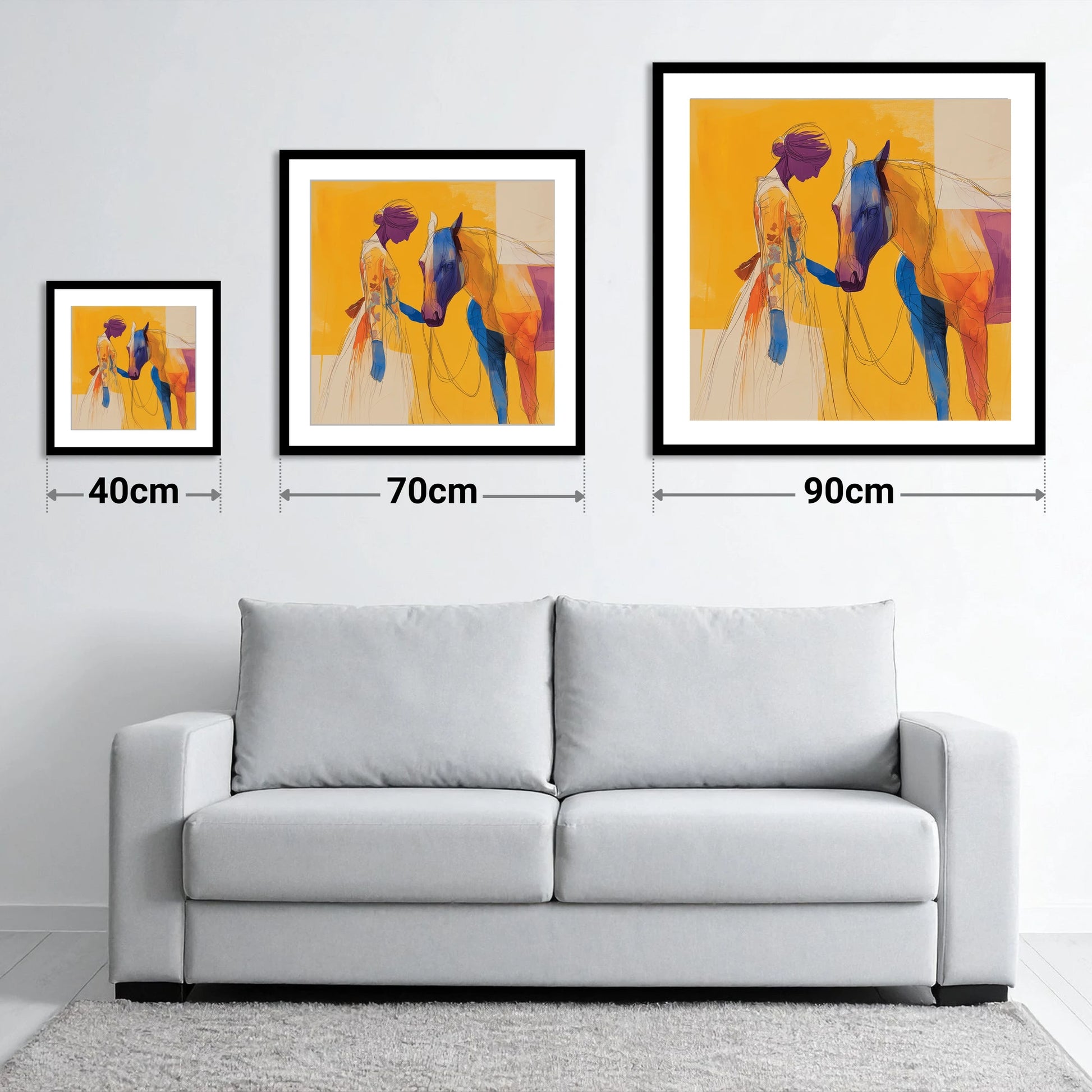 Vibrant Connection - size guide showing 40cm, 70cm and 90cm art prints