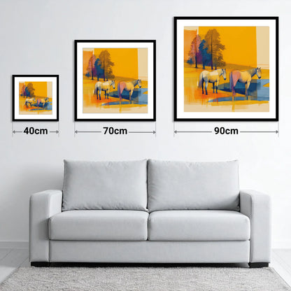 Abstract Golden Pasture - size guide showing 40cm, 70cm and 90cm art prints
