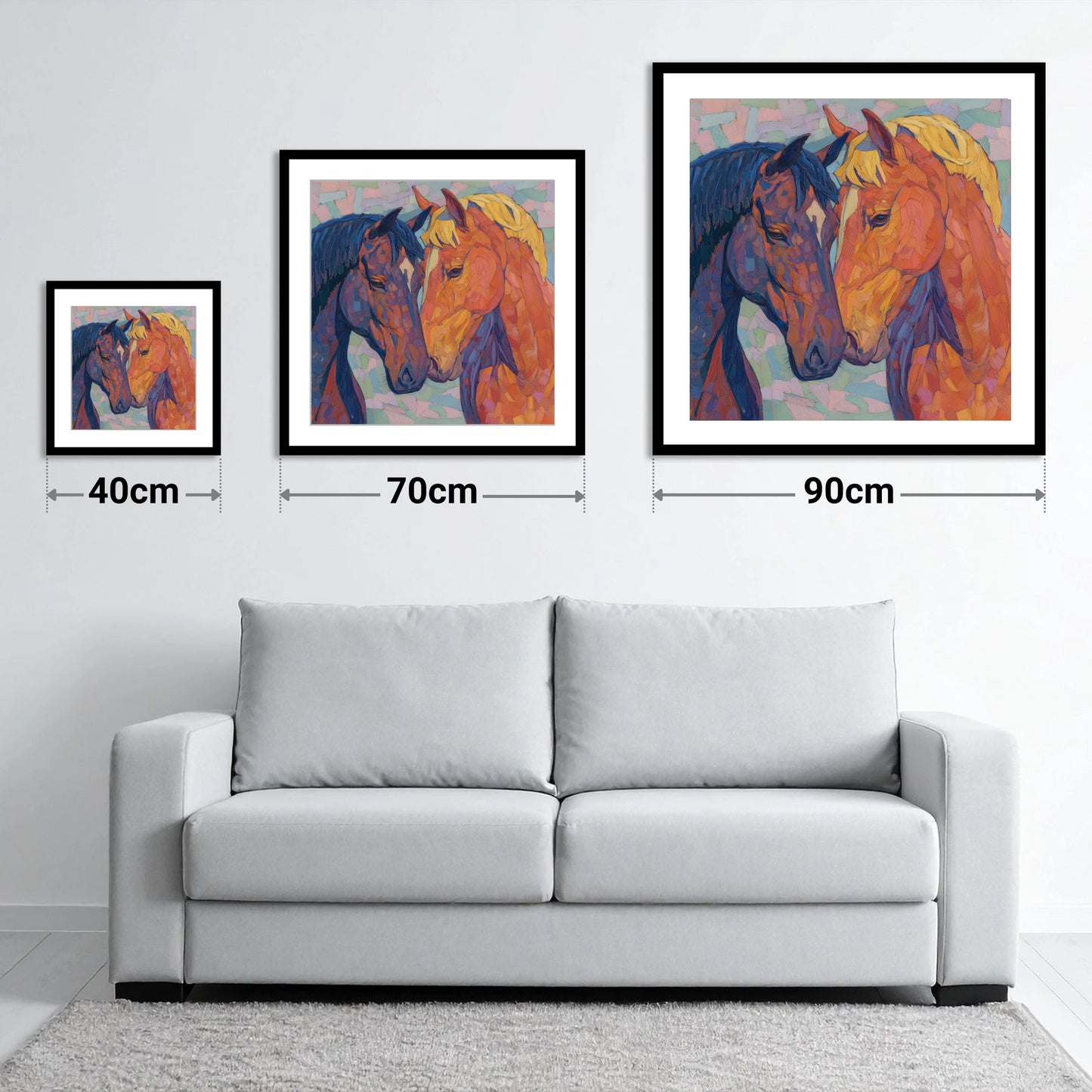 Kindred Spirits - size guide showing 40cm, 70cm and 90cm art prints