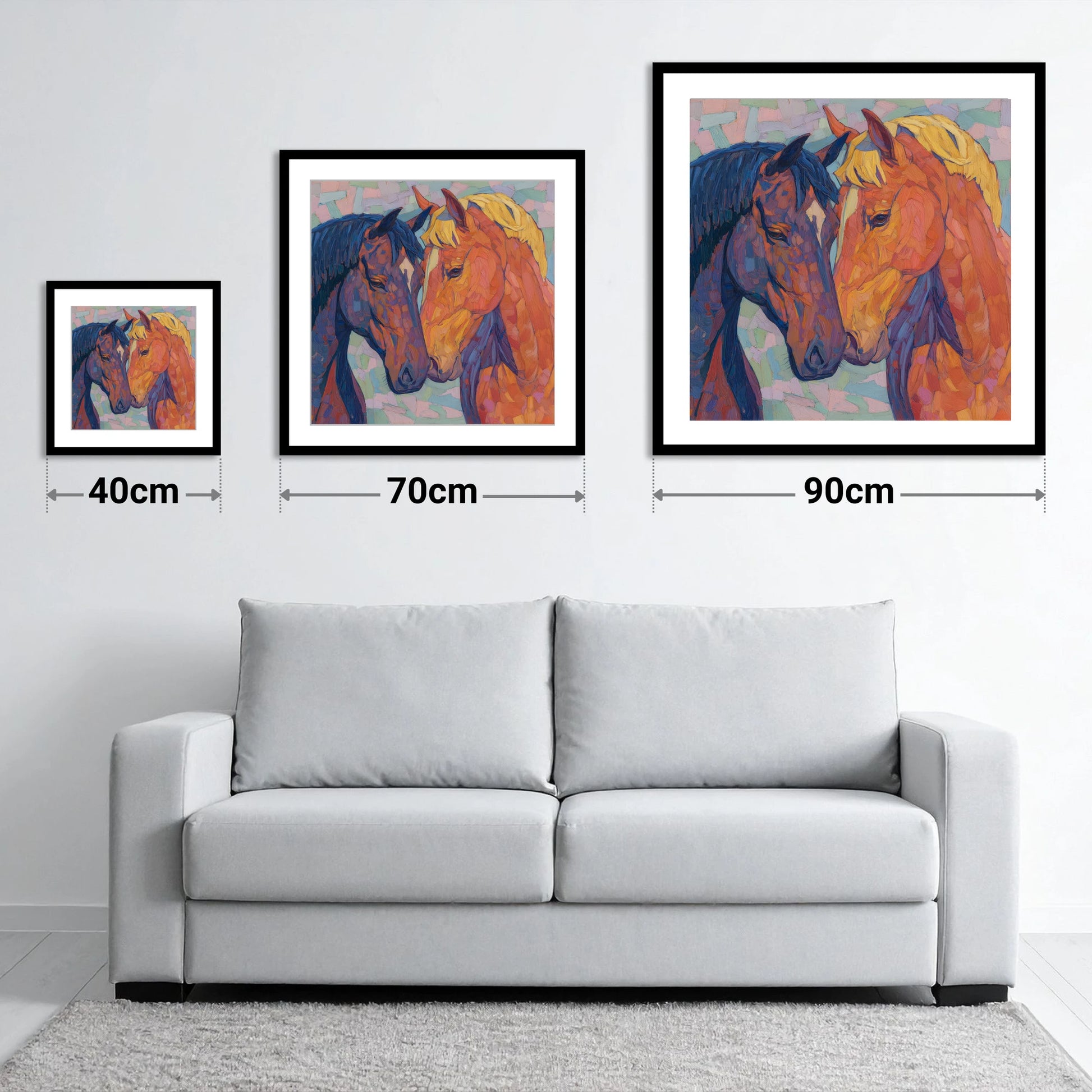 Kindred Spirits - size guide showing 40cm, 70cm and 90cm art prints