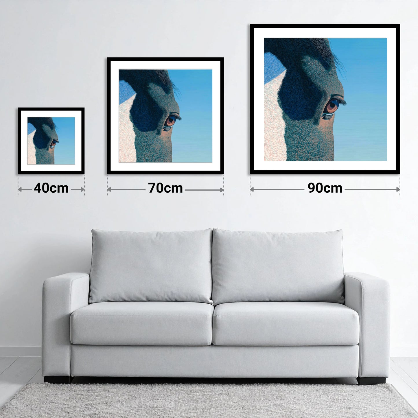 Stillness in Blue - size guide showing 40cm, 70cm and 90cm art prints