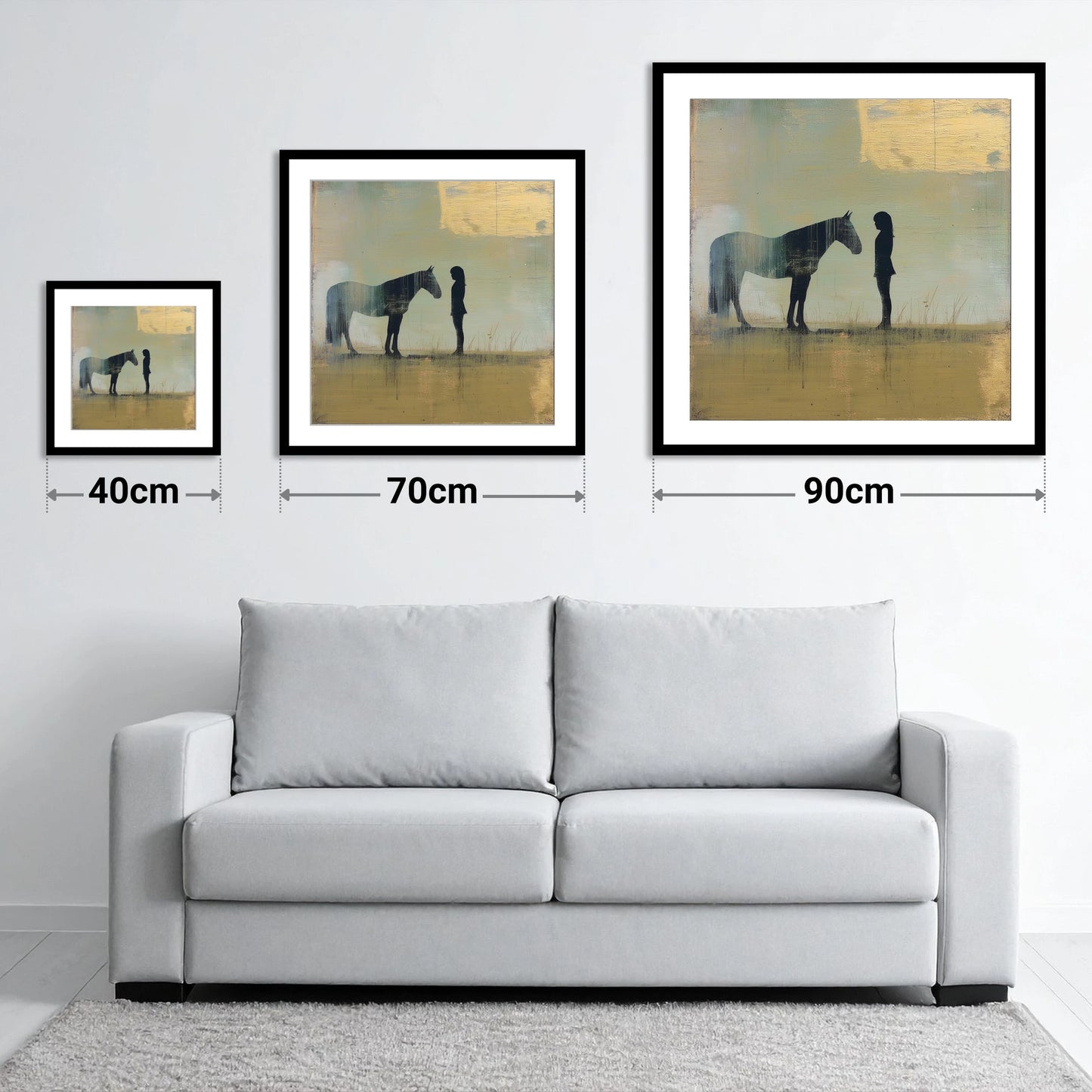 Silent Communion - size guide showing 40cm, 70cm and 90cm art prints