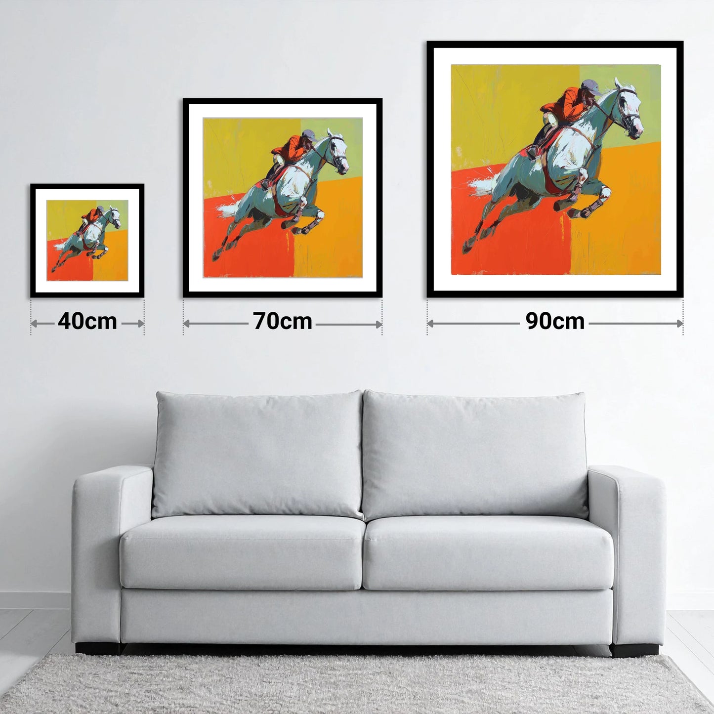 Momentum In Colour - size guide showing 40cm, 70cm and 90cm art prints