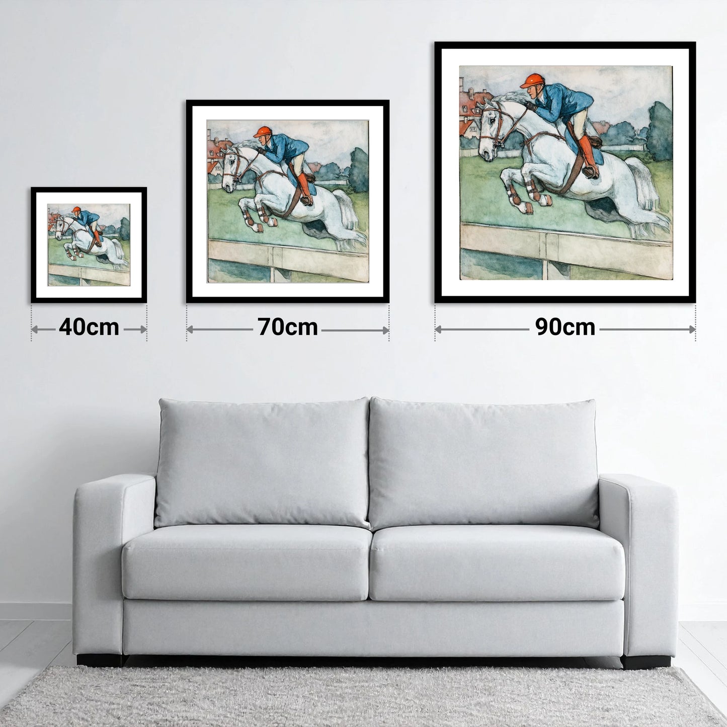 Clearing the Timber - size guide showing 40cm, 70cm and 90cm art prints