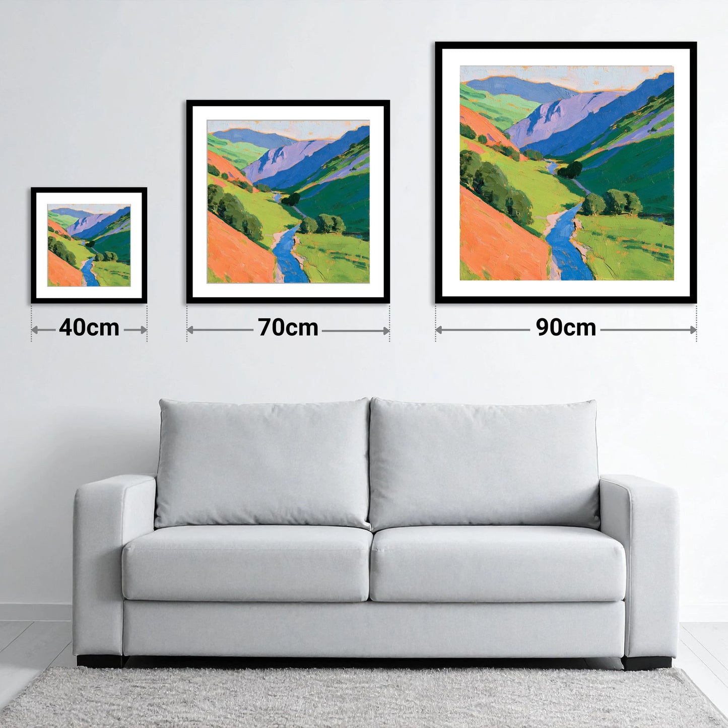 Vivid Riding Country - size guide showing 40cm, 70cm and 90cm art prints