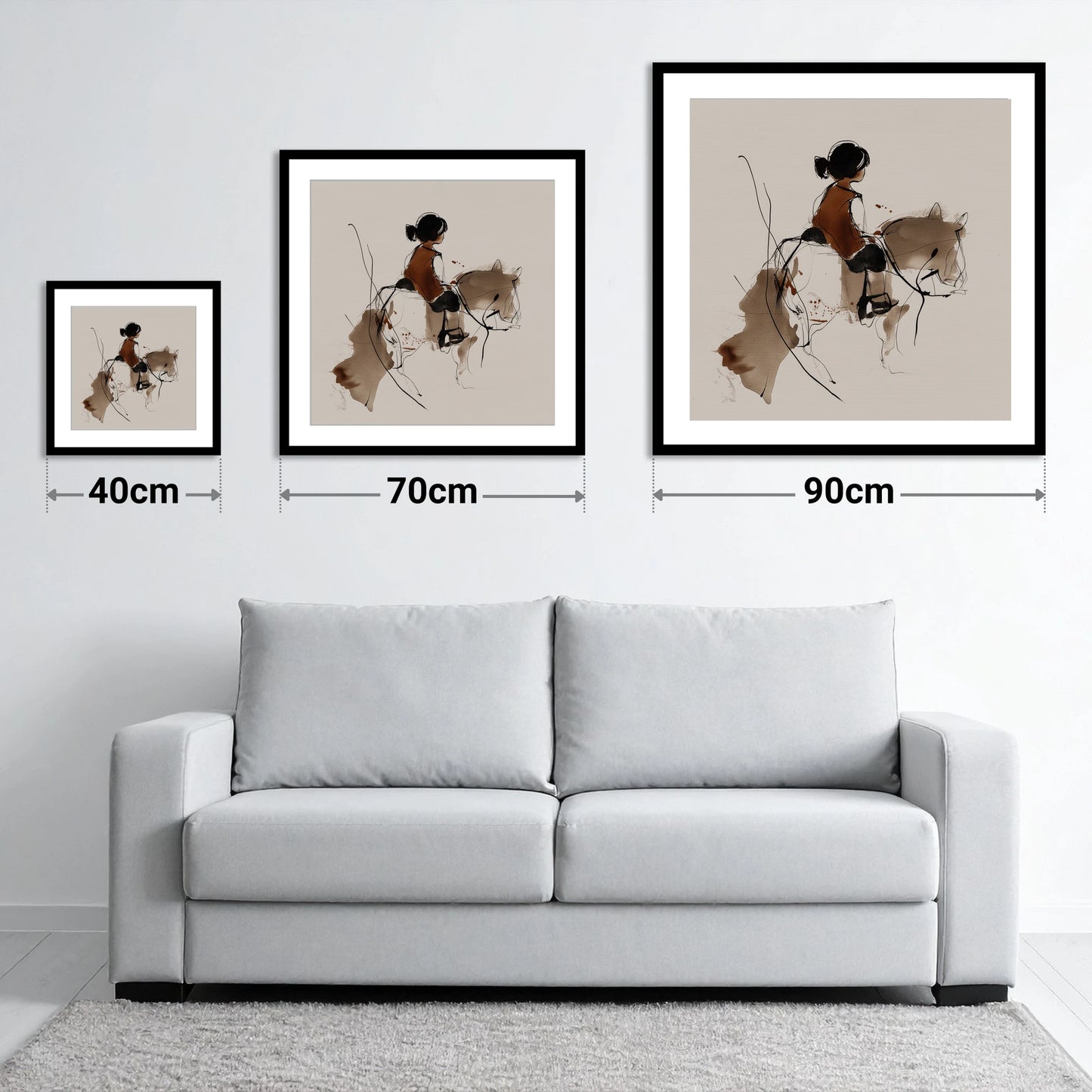 The Little Equestrian - size guide showing 40cm, 70cm and 90cm art prints