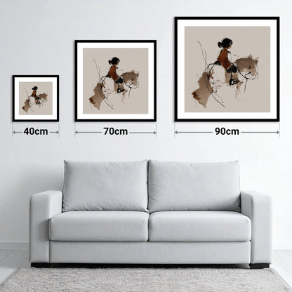 The Little Equestrian - size guide showing 40cm, 70cm and 90cm art prints