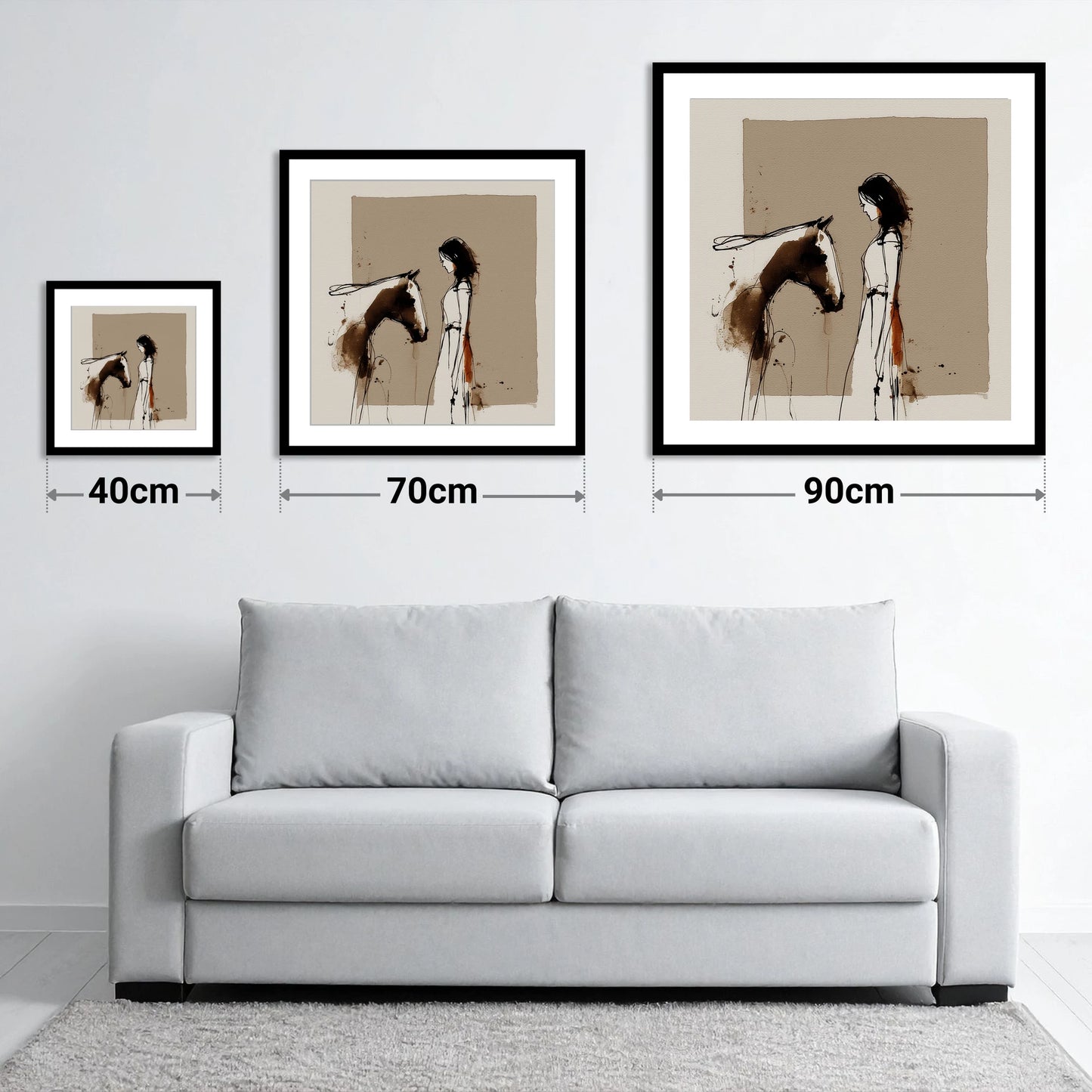 The Unspoken Bond - size guide showing 40cm, 70cm and 90cm art prints