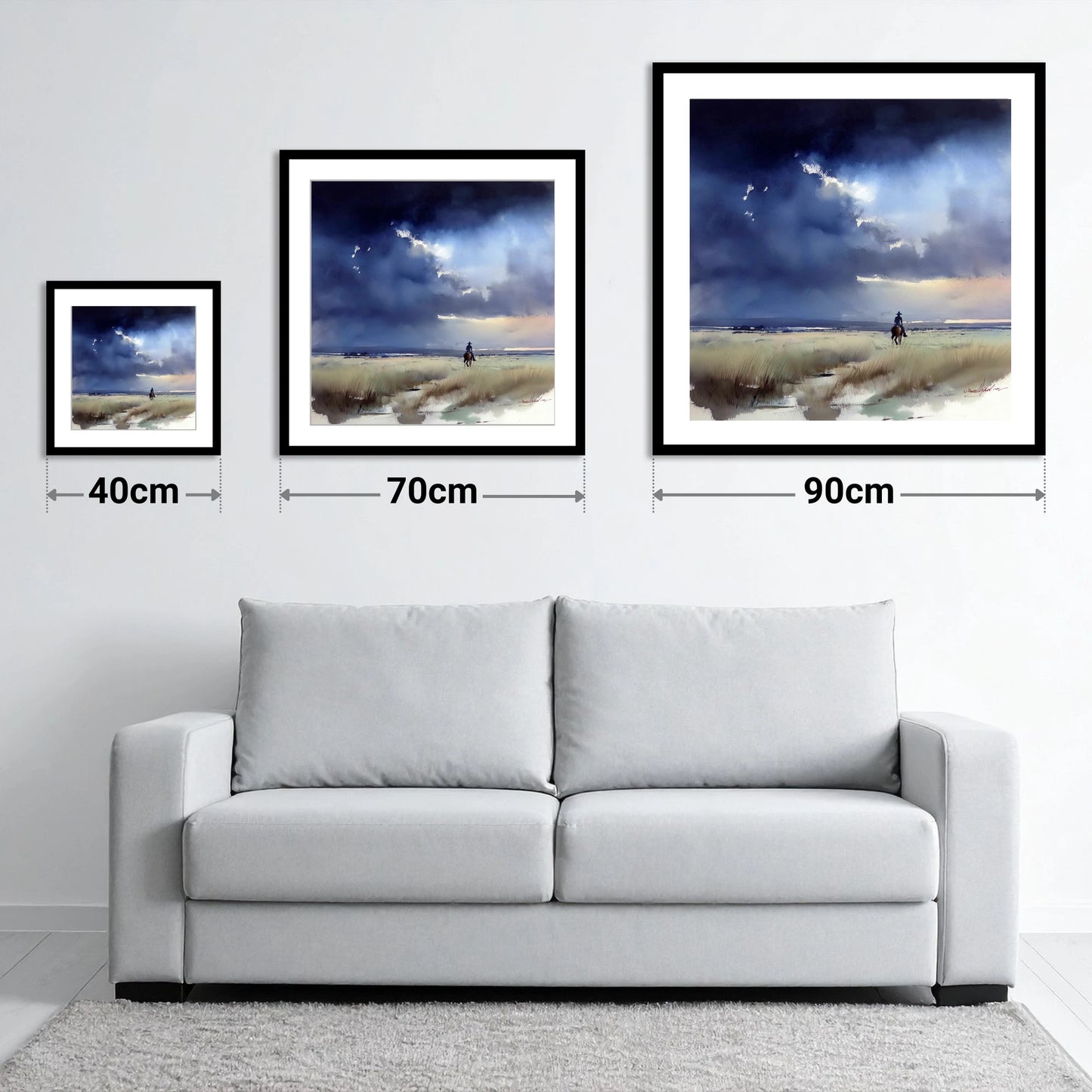 Storm Over the Plains - size guide showing 40cm, 70cm and 90cm art prints