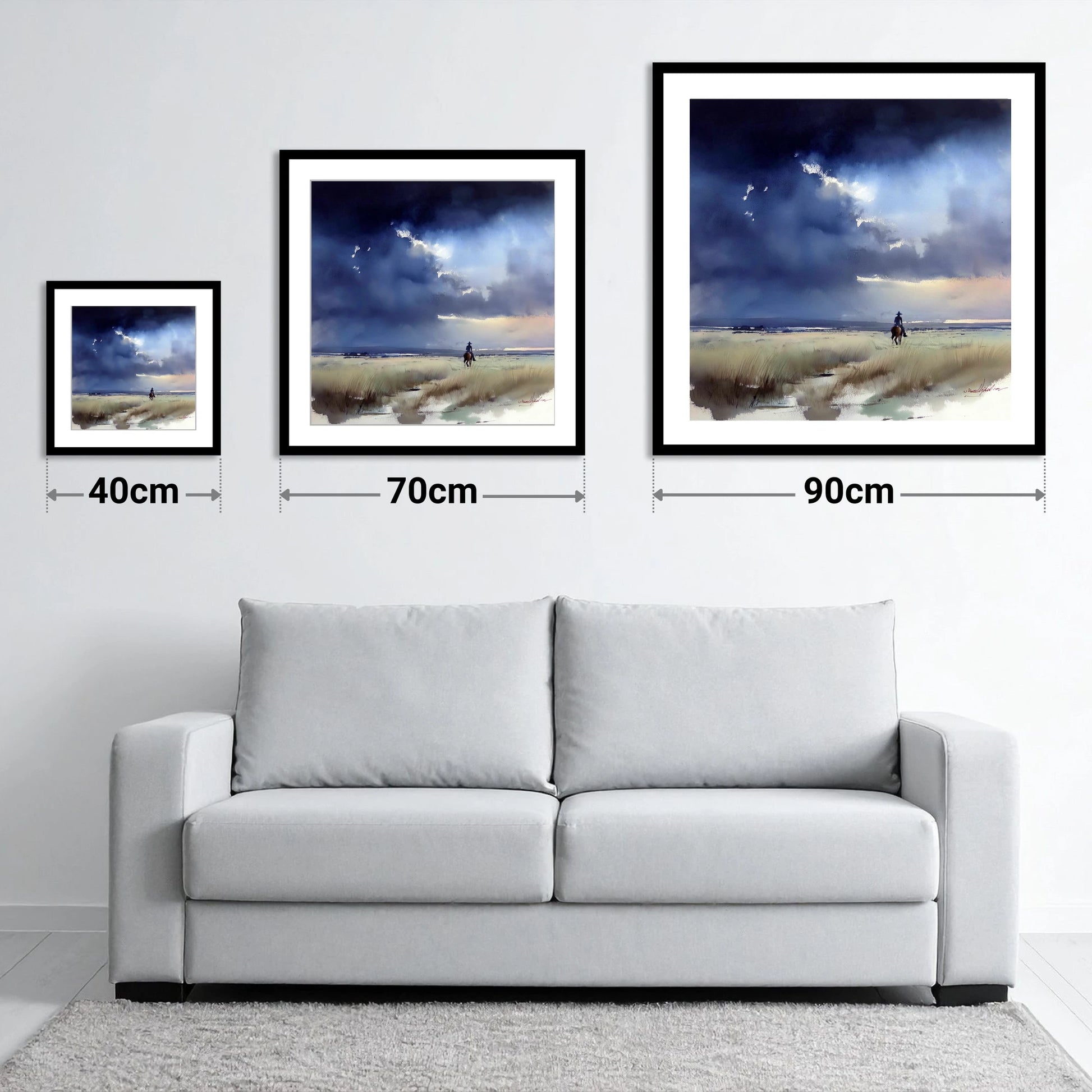 Storm Over the Plains - size guide showing 40cm, 70cm and 90cm art prints