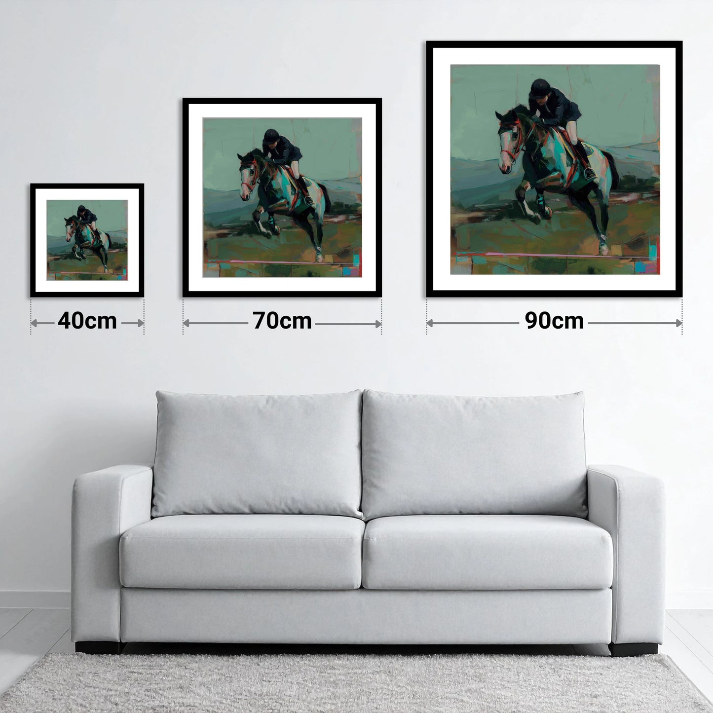 The Bold Clear - size guide showing 40cm, 70cm and 90cm art prints