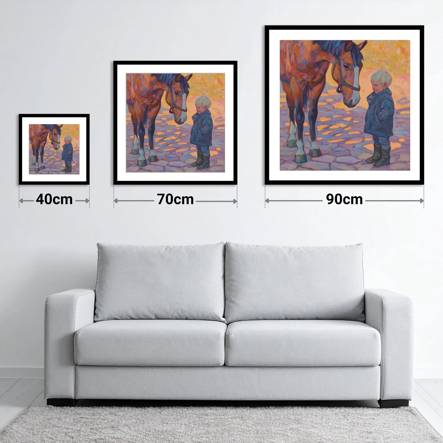 The Gentle Encounter - size guide showing 40cm, 70cm and 90cm art prints