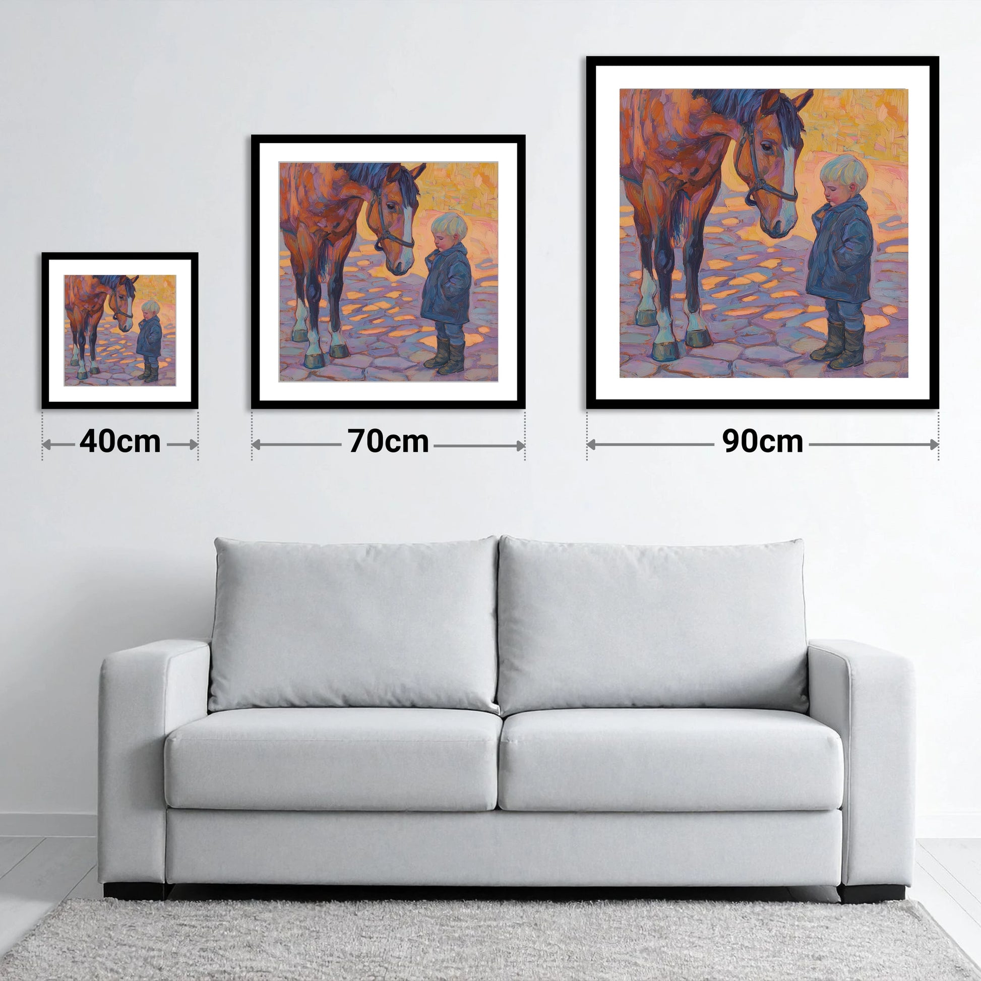 The Gentle Encounter - size guide showing 40cm, 70cm and 90cm art prints