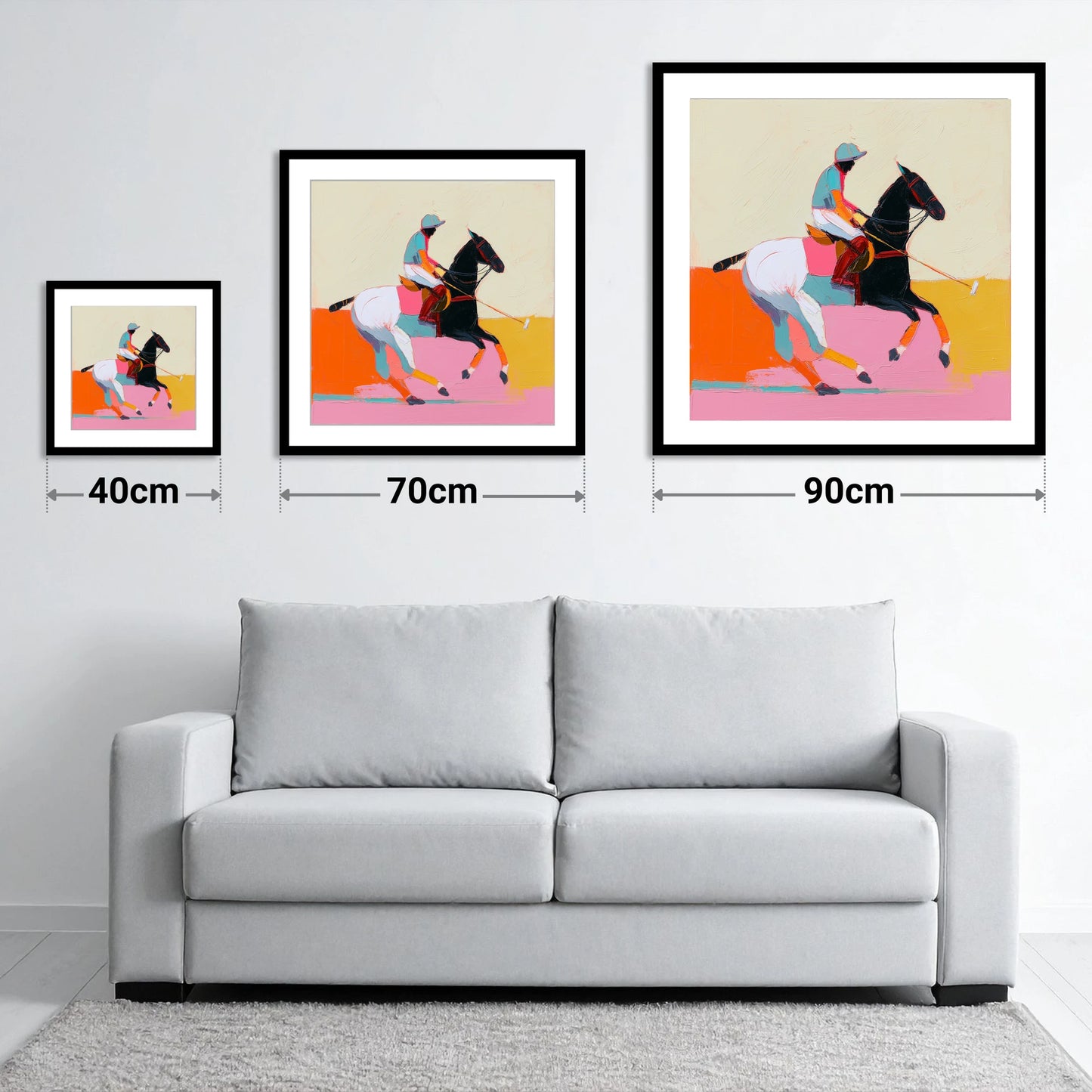 Vivid High Goal - size guide showing 40cm, 70cm and 90cm art prints
