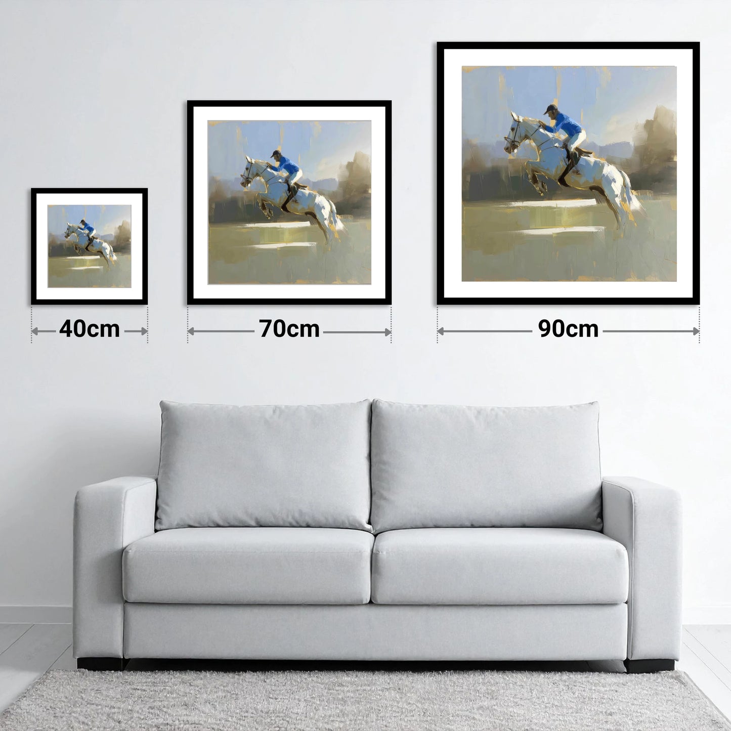 Flight in Blue - size guide showing 40cm, 70cm and 90cm art prints