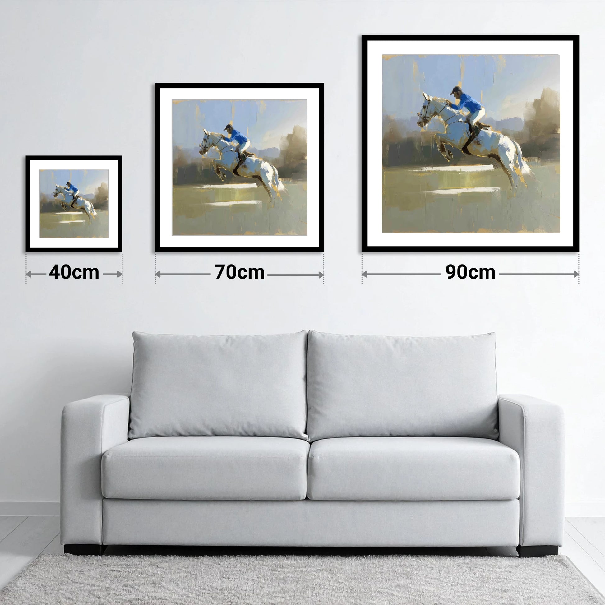 Flight in Blue - size guide showing 40cm, 70cm and 90cm art prints