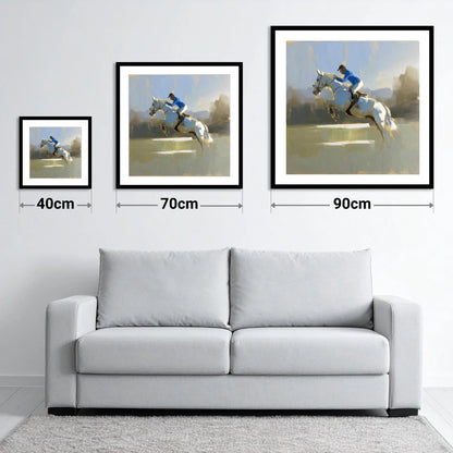 Flight in Blue - size guide showing 40cm, 70cm and 90cm art prints
