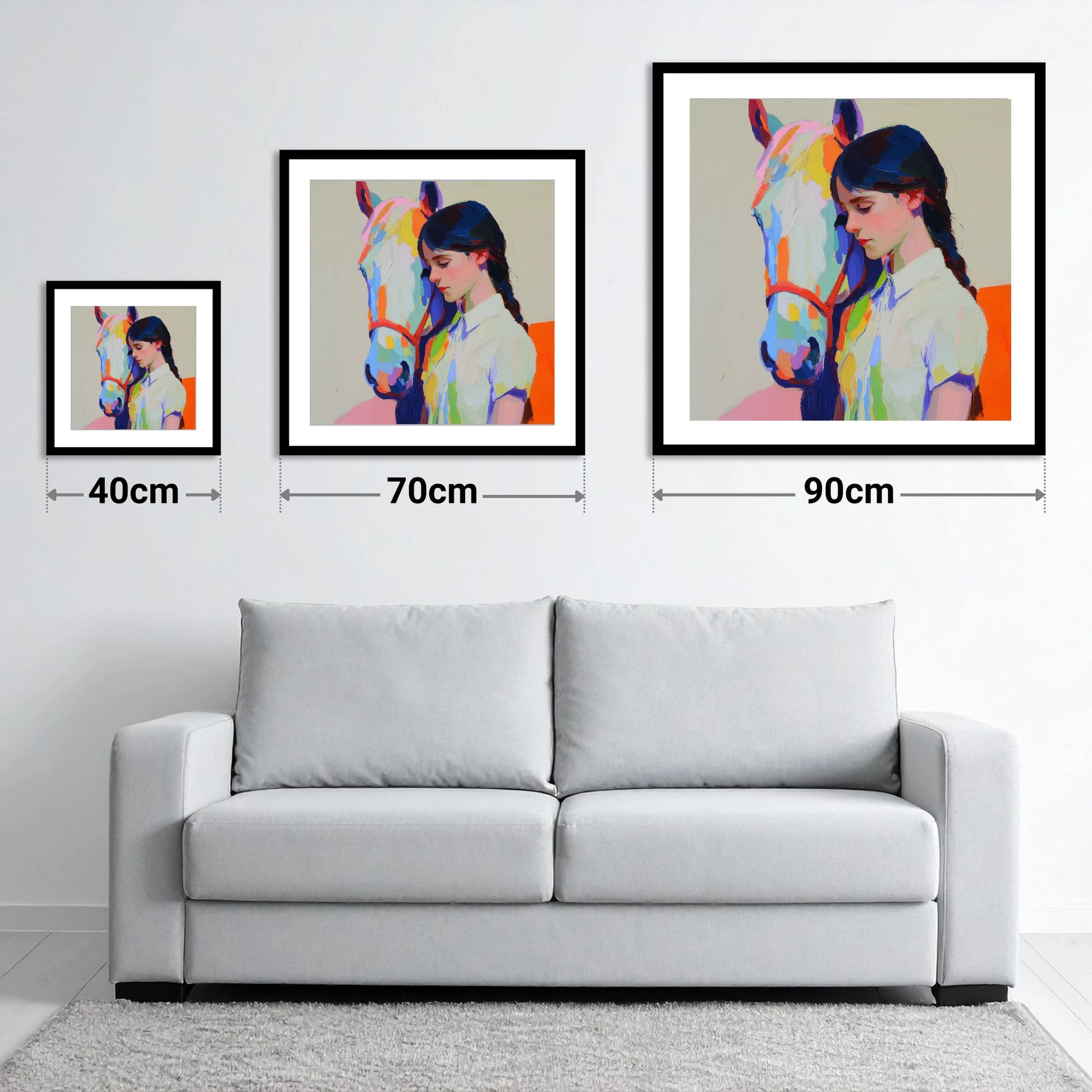 Vibrant Bond - size guide showing 40cm, 70cm and 90cm art prints
