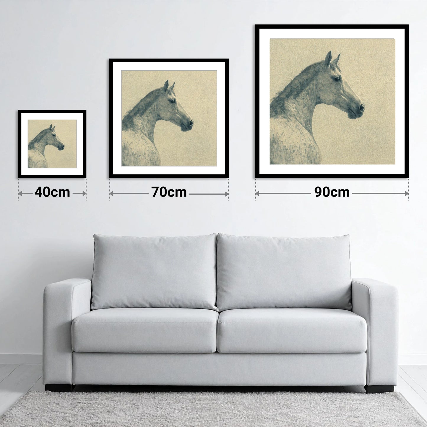 The Dappled Profile - size guide showing 40cm, 70cm and 90cm art prints