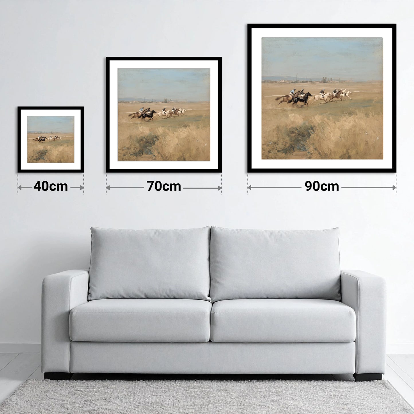 The Morning Gallop - size guide showing 40cm, 70cm and 90cm art prints