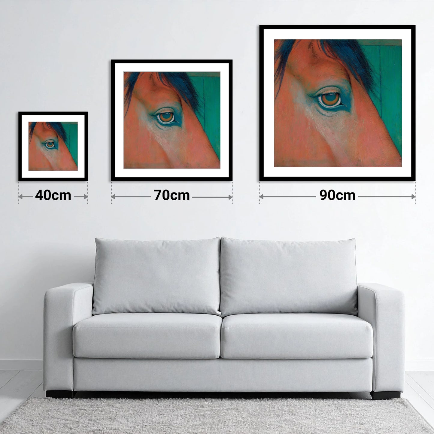 Soulful Emerald Gaze - size guide showing 40cm, 70cm and 90cm art prints