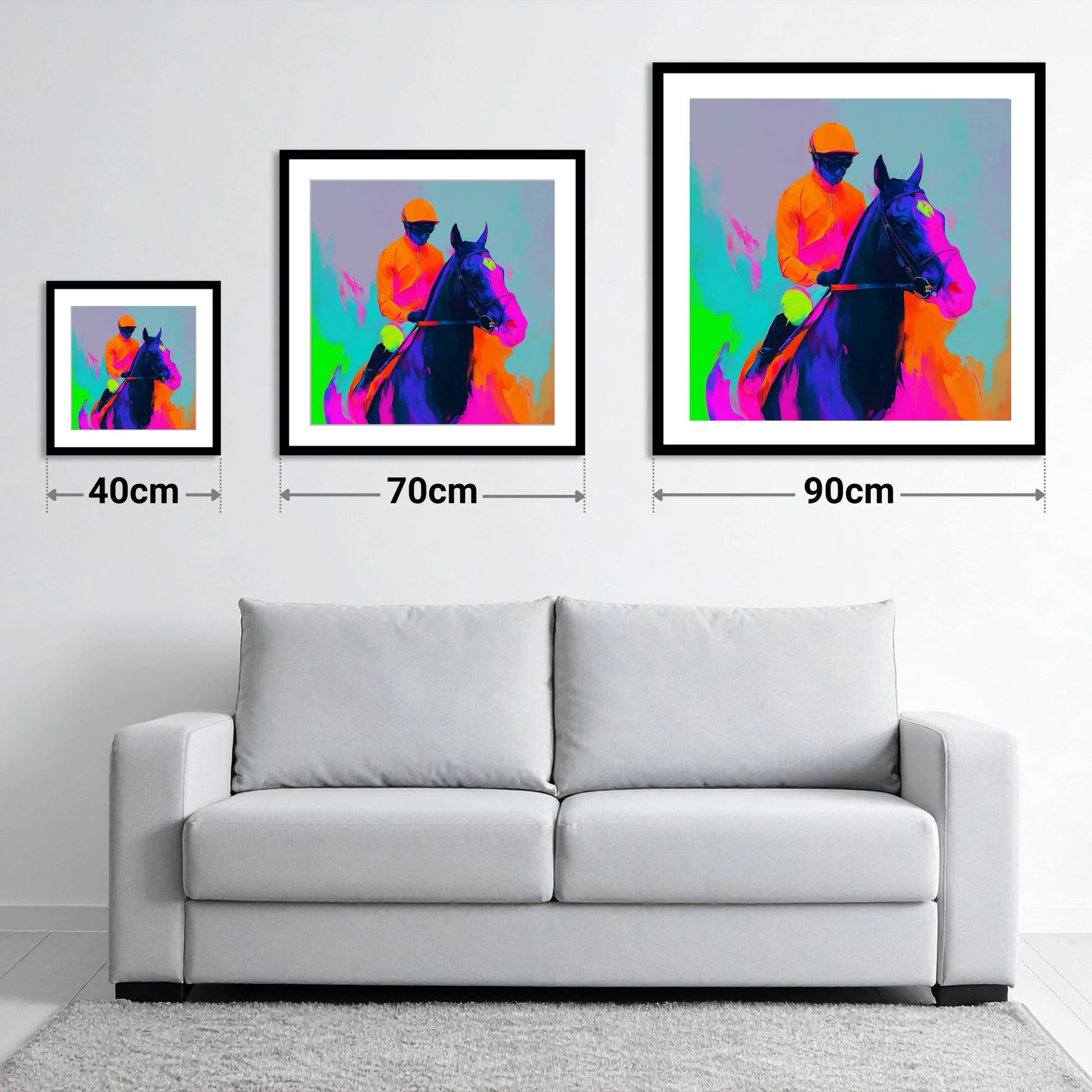 Technicolour Sprint - size guide showing 40cm, 70cm and 90cm art prints
