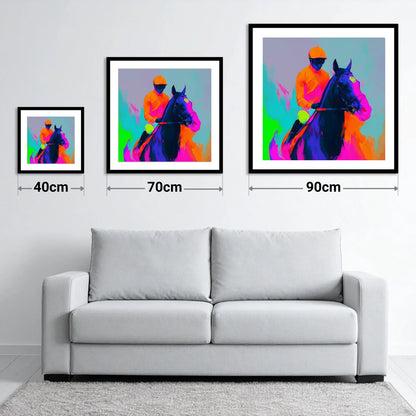 Technicolour Sprint - size guide showing 40cm, 70cm and 90cm art prints
