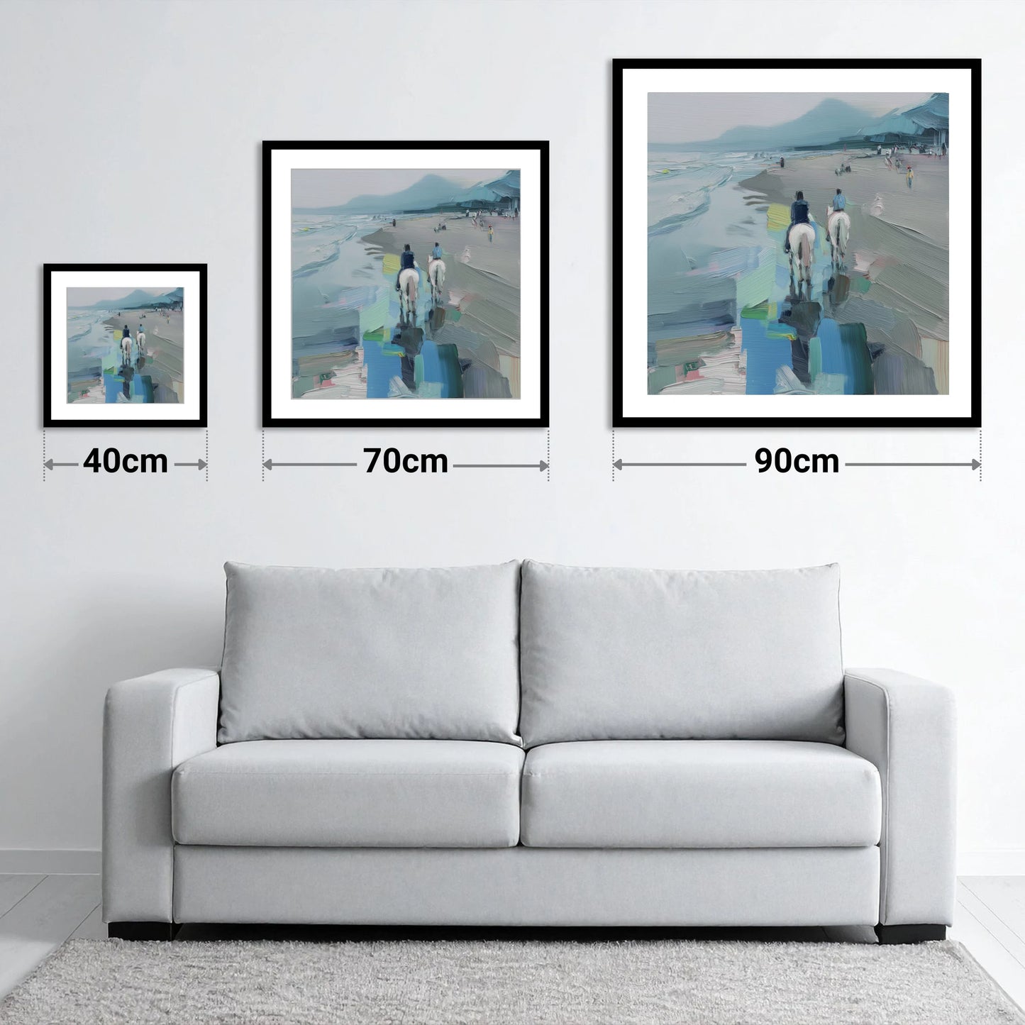 Shoreline Hack - size guide showing 40cm, 70cm and 90cm art prints