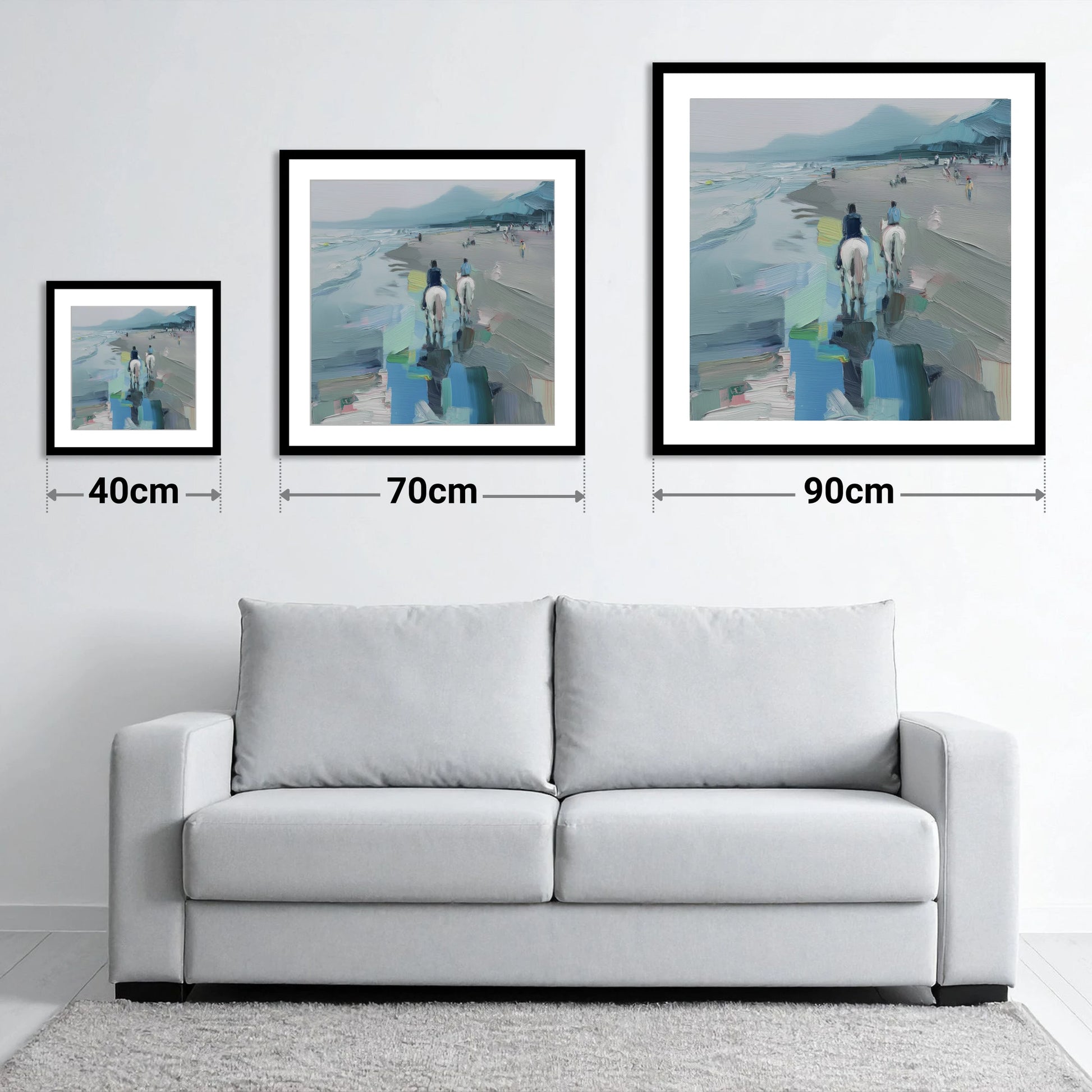 Shoreline Hack - size guide showing 40cm, 70cm and 90cm art prints