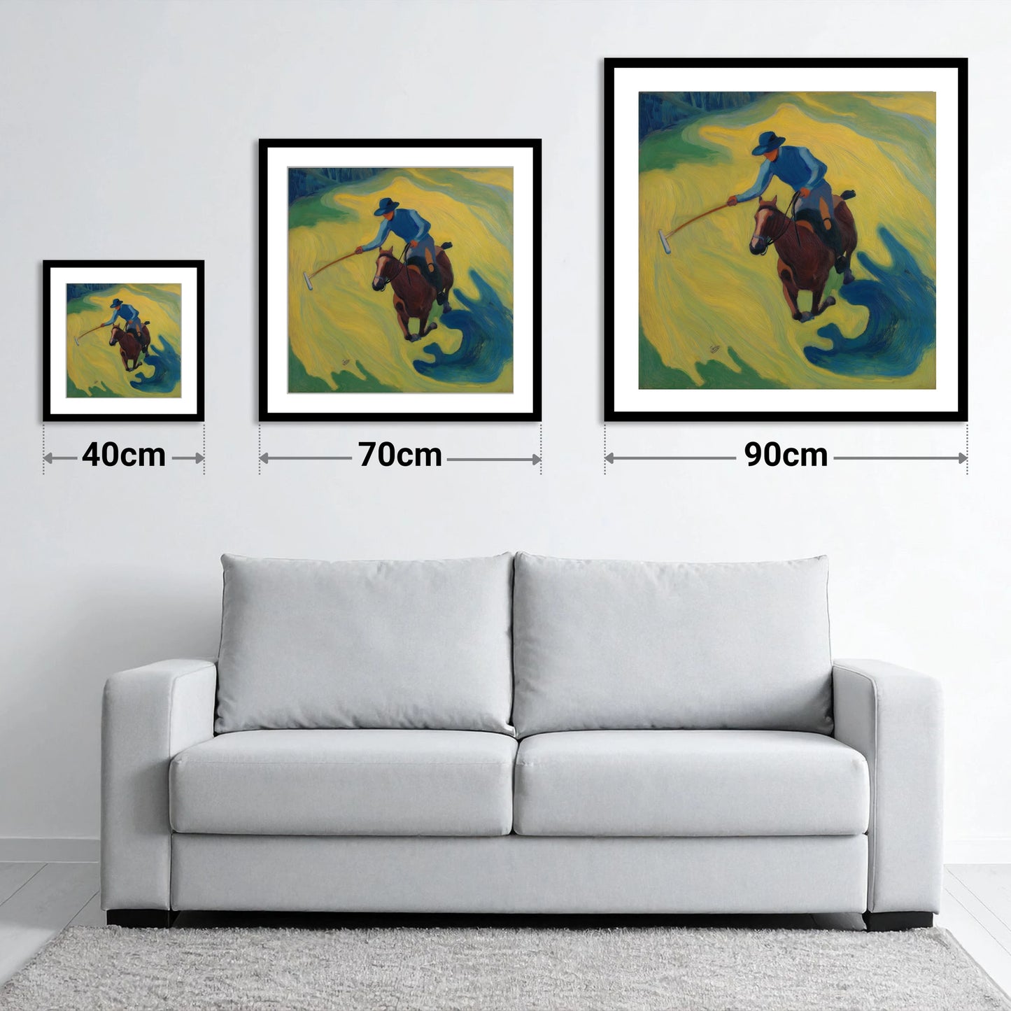 Sunlit Polo Swing - size guide showing 40cm, 70cm and 90cm art prints