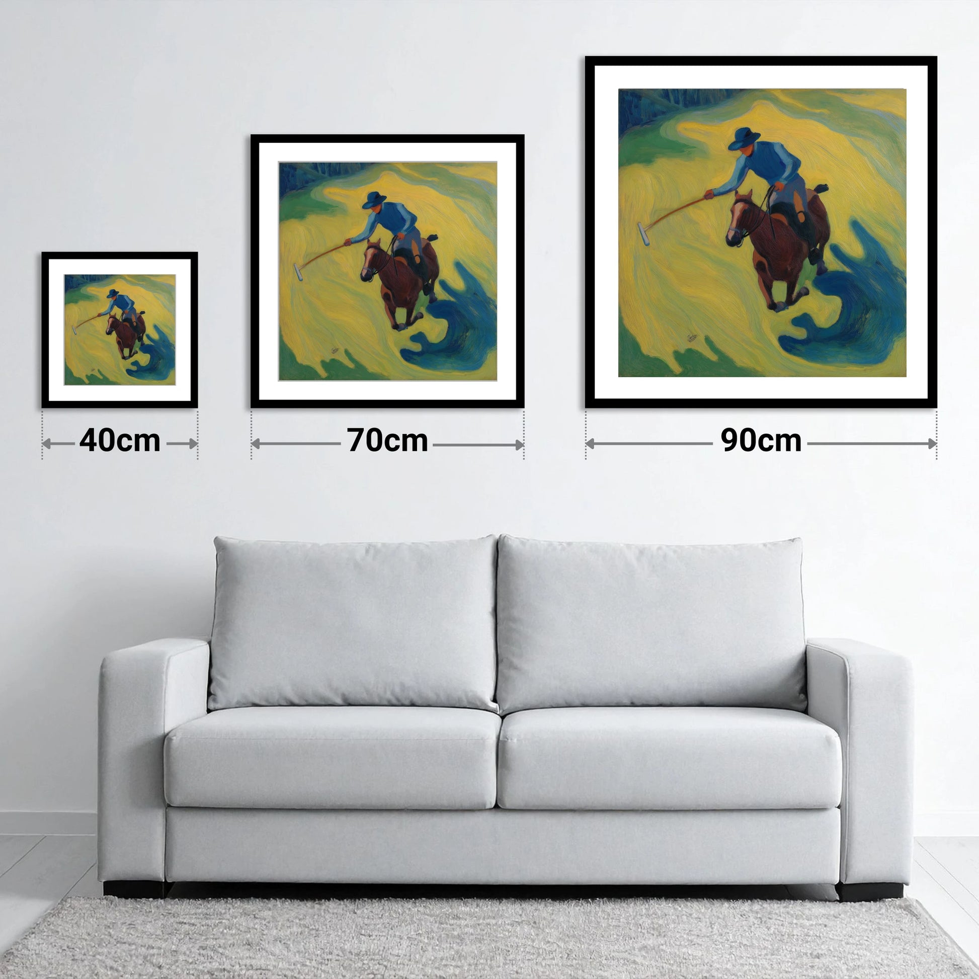 Sunlit Polo Swing - size guide showing 40cm, 70cm and 90cm art prints