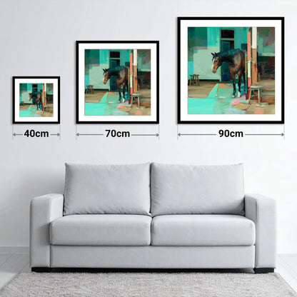 Quiet Yard in Teal - size guide showing 40cm, 70cm and 90cm art prints