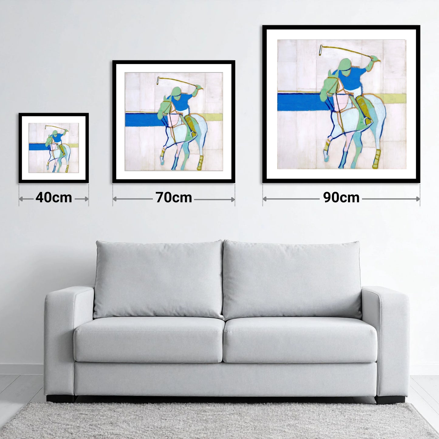 Mid-Swing Momentum - size guide showing 40cm, 70cm and 90cm art prints