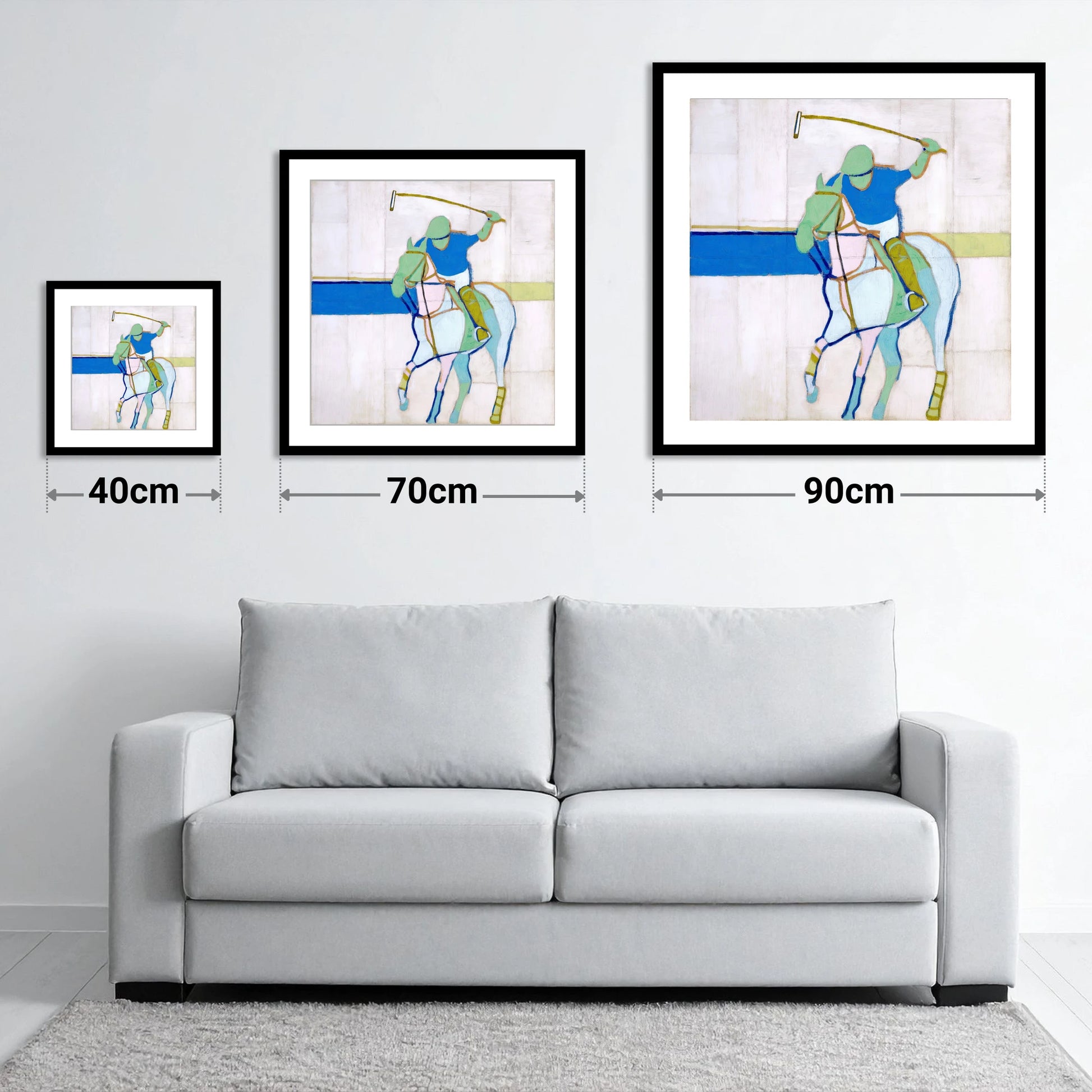 Mid-Swing Momentum - size guide showing 40cm, 70cm and 90cm art prints