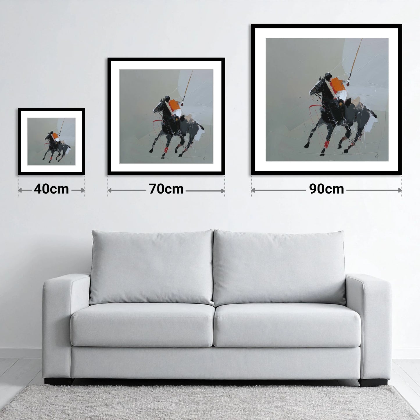 Dynamic Polo Strike - size guide showing 40cm, 70cm and 90cm art prints