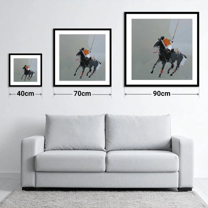 Dynamic Polo Strike - size guide showing 40cm, 70cm and 90cm art prints